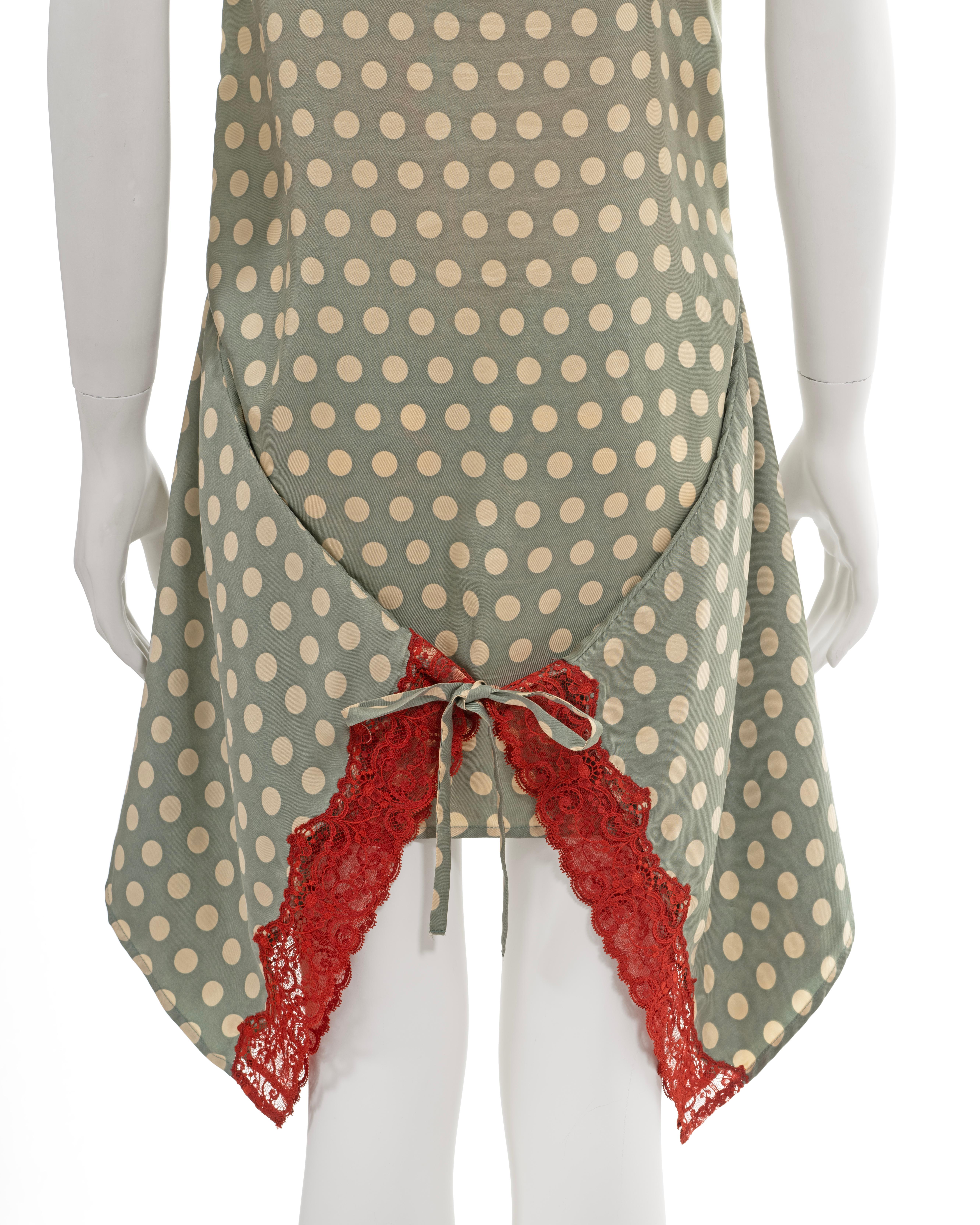 Jean Paul Gaultier green polkadot silk slip dress with red lace trim, ss 1992 For Sale 6