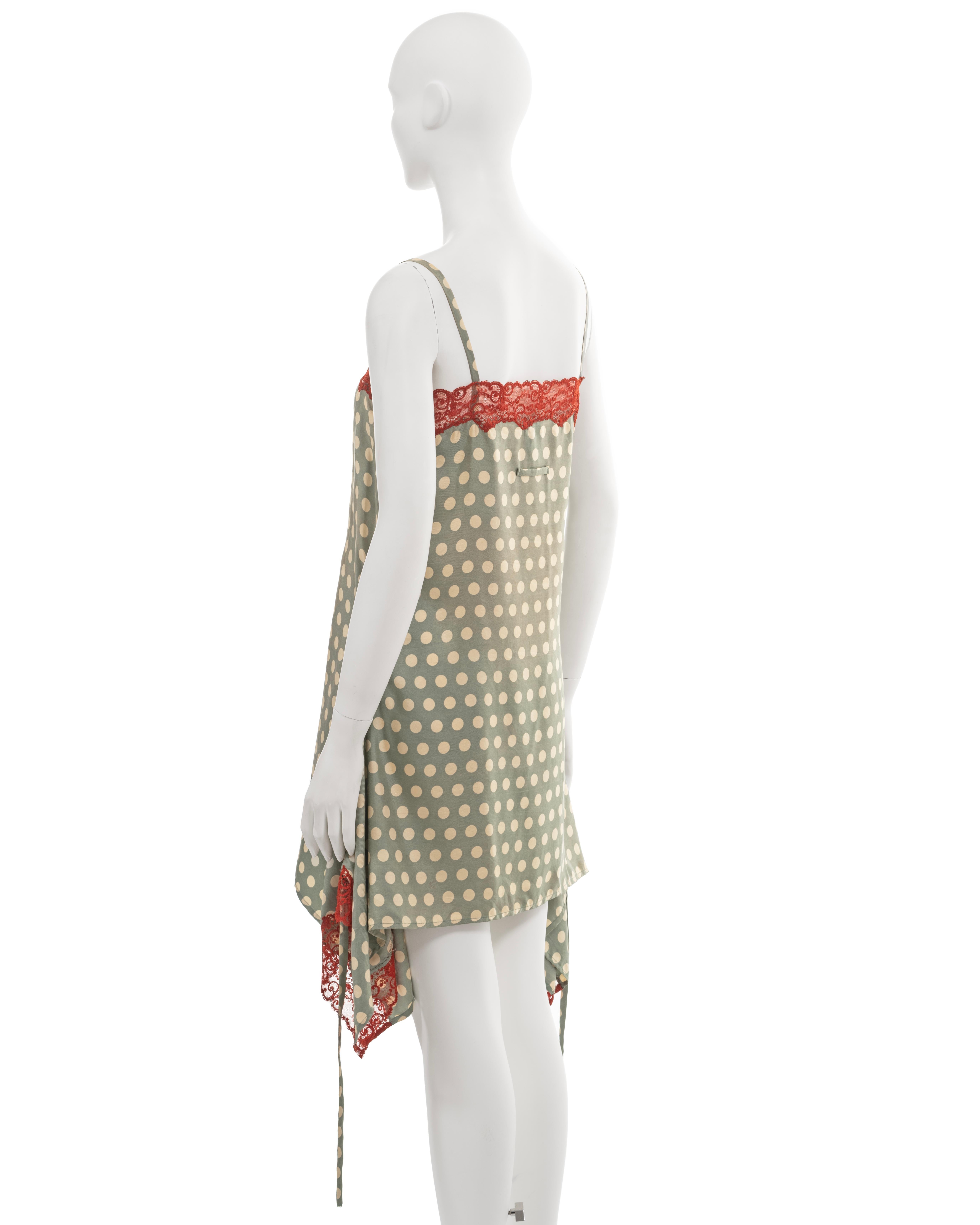 Jean Paul Gaultier green polkadot silk slip dress with red lace trim, ss 1992 For Sale 7