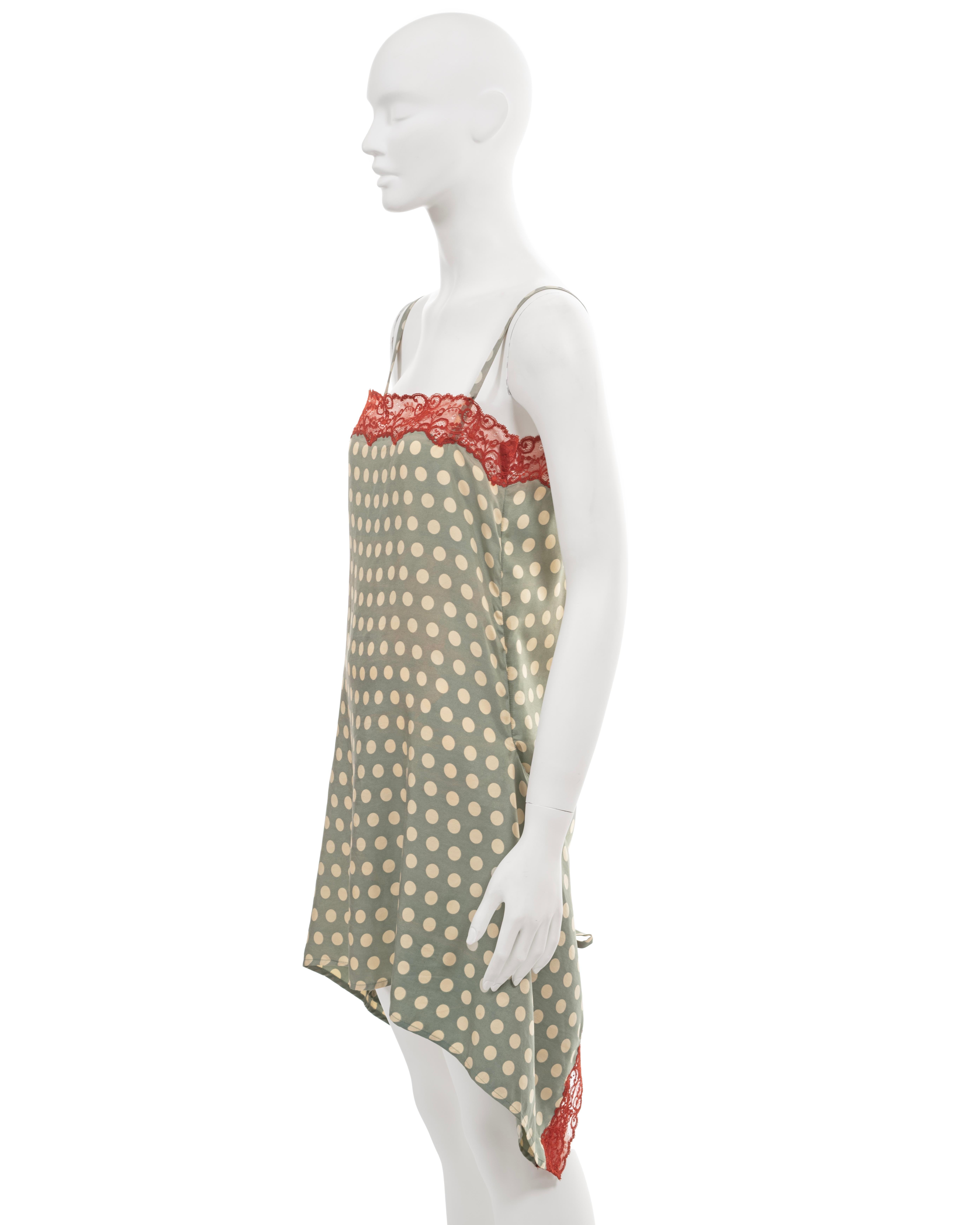 Jean Paul Gaultier green polkadot silk slip dress with red lace trim, ss 1992 For Sale 8