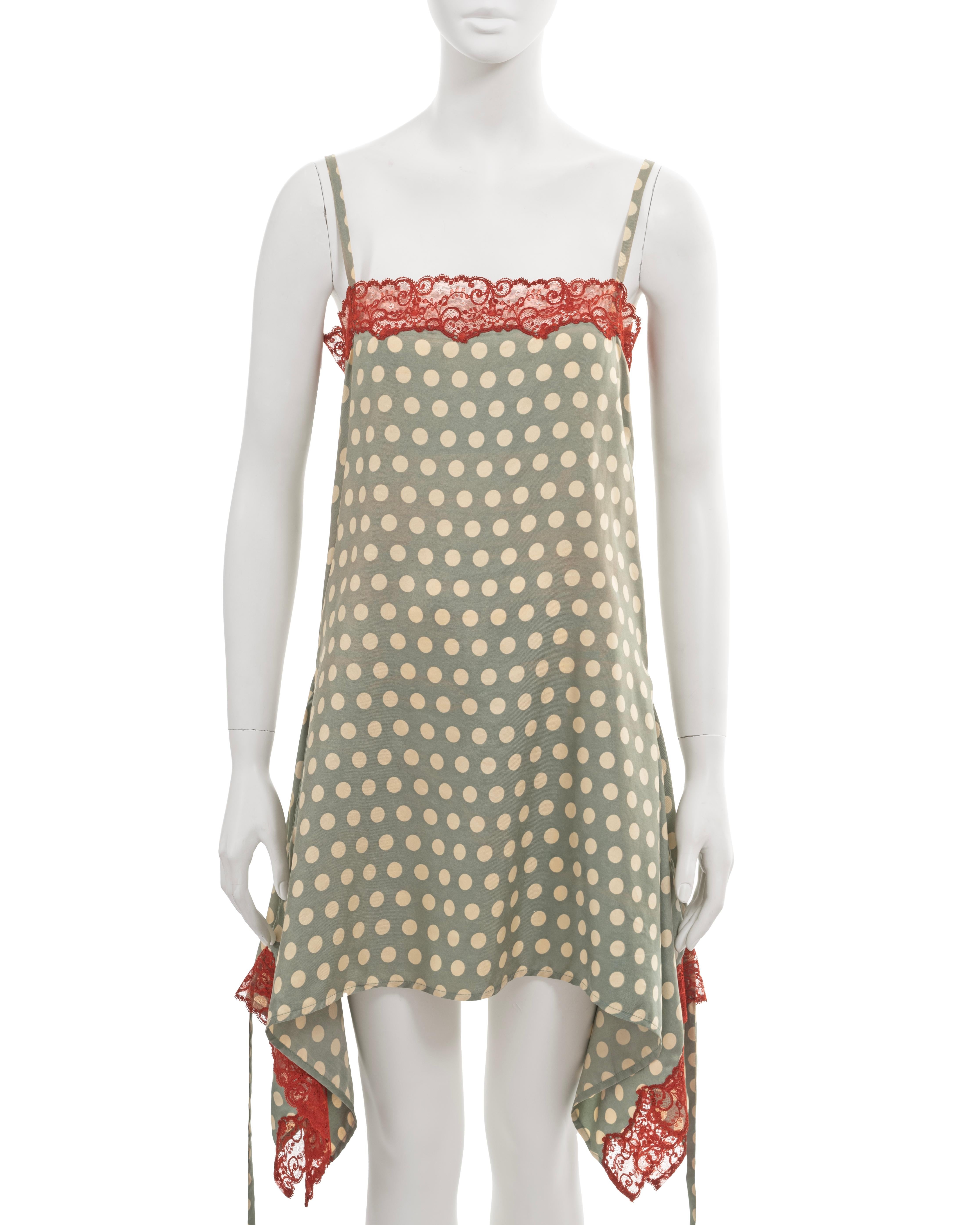 Jean Paul Gaultier green polkadot silk slip dress with red lace trim, ss 1992 In Good Condition For Sale In London, GB