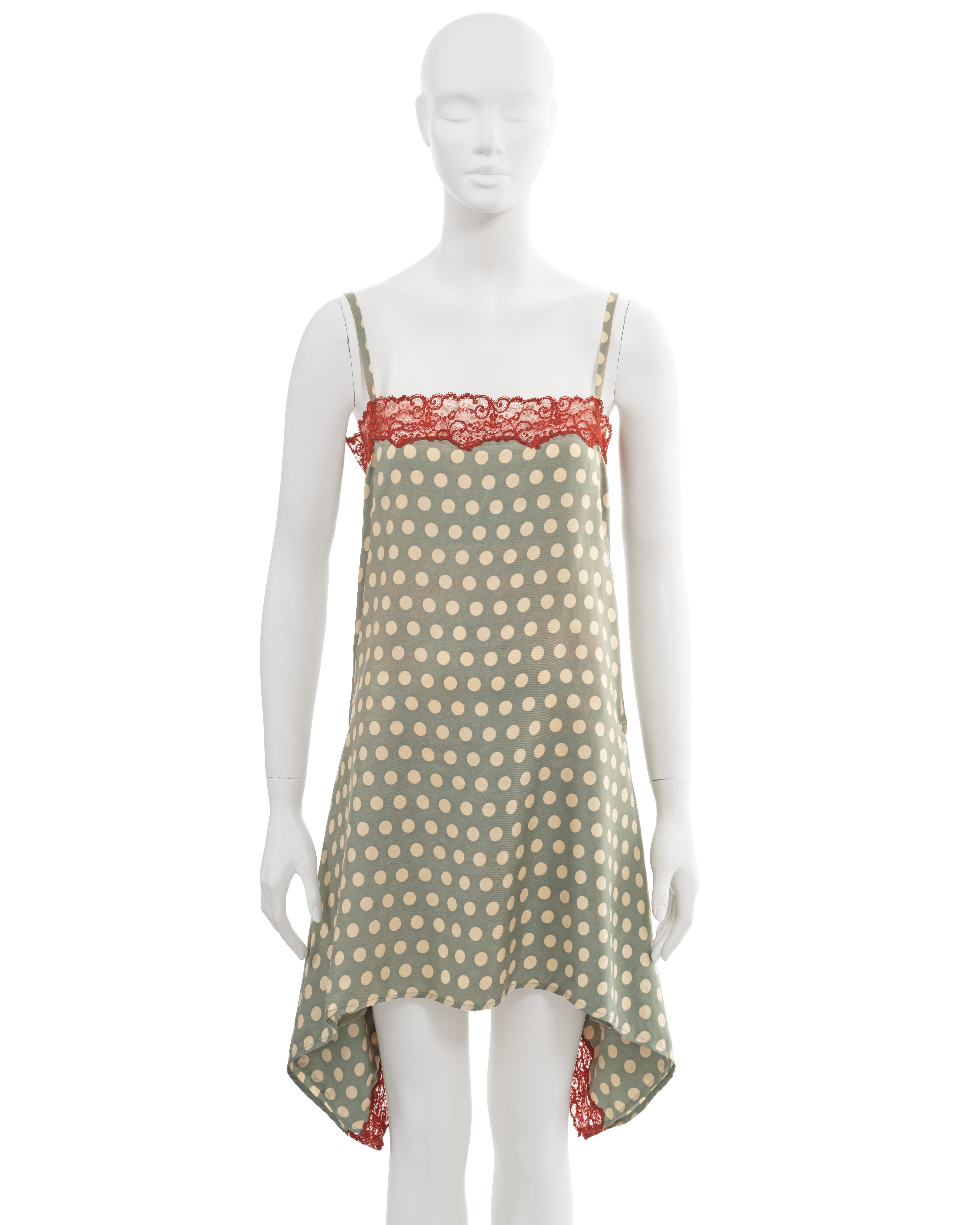 Jean Paul Gaultier green polkadot silk slip dress with red lace trim, ss 1992 For Sale 1