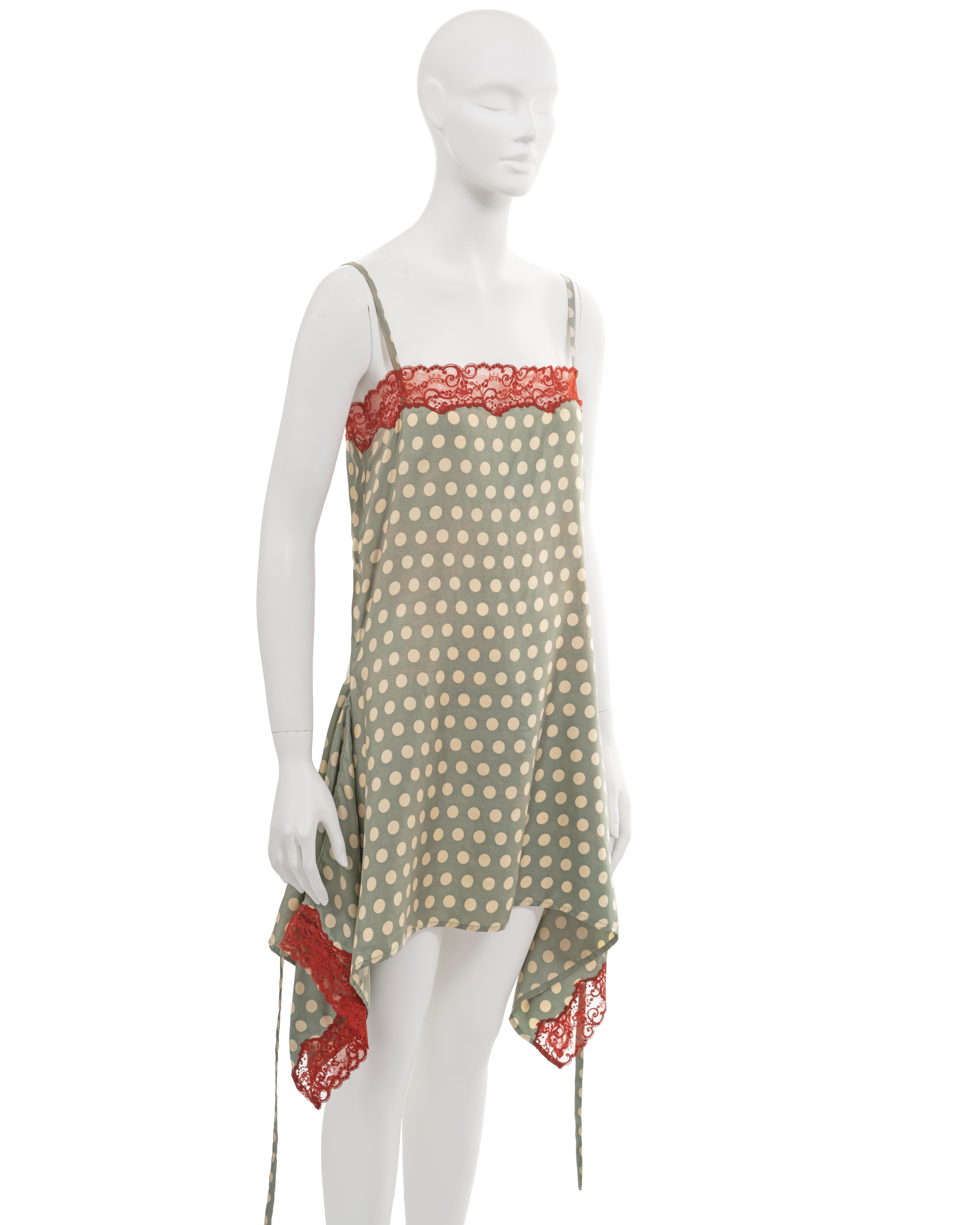 Jean Paul Gaultier green polkadot silk slip dress with red lace trim, ss 1992 For Sale 2