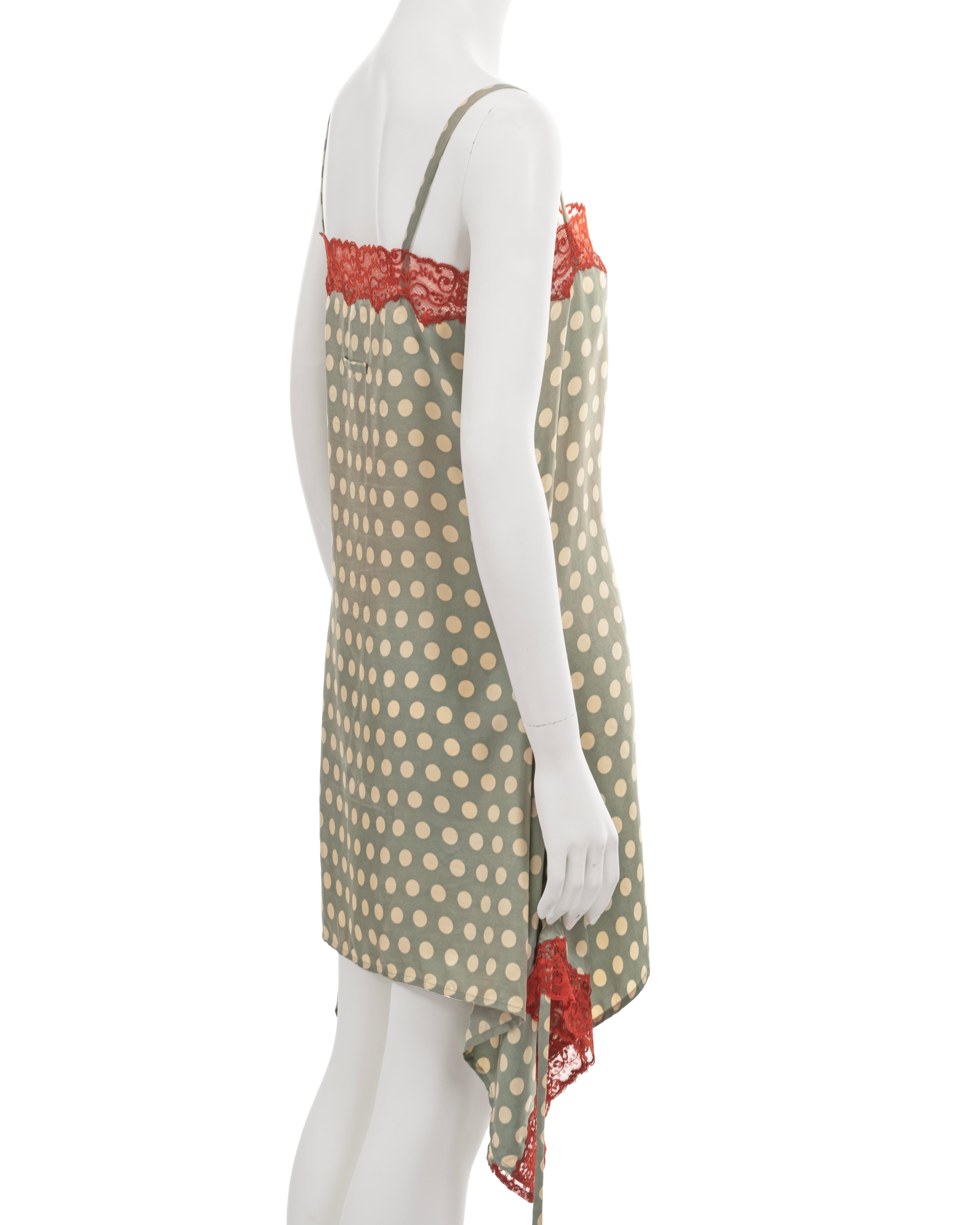 Jean Paul Gaultier green polkadot silk slip dress with red lace trim, ss 1992 For Sale 3
