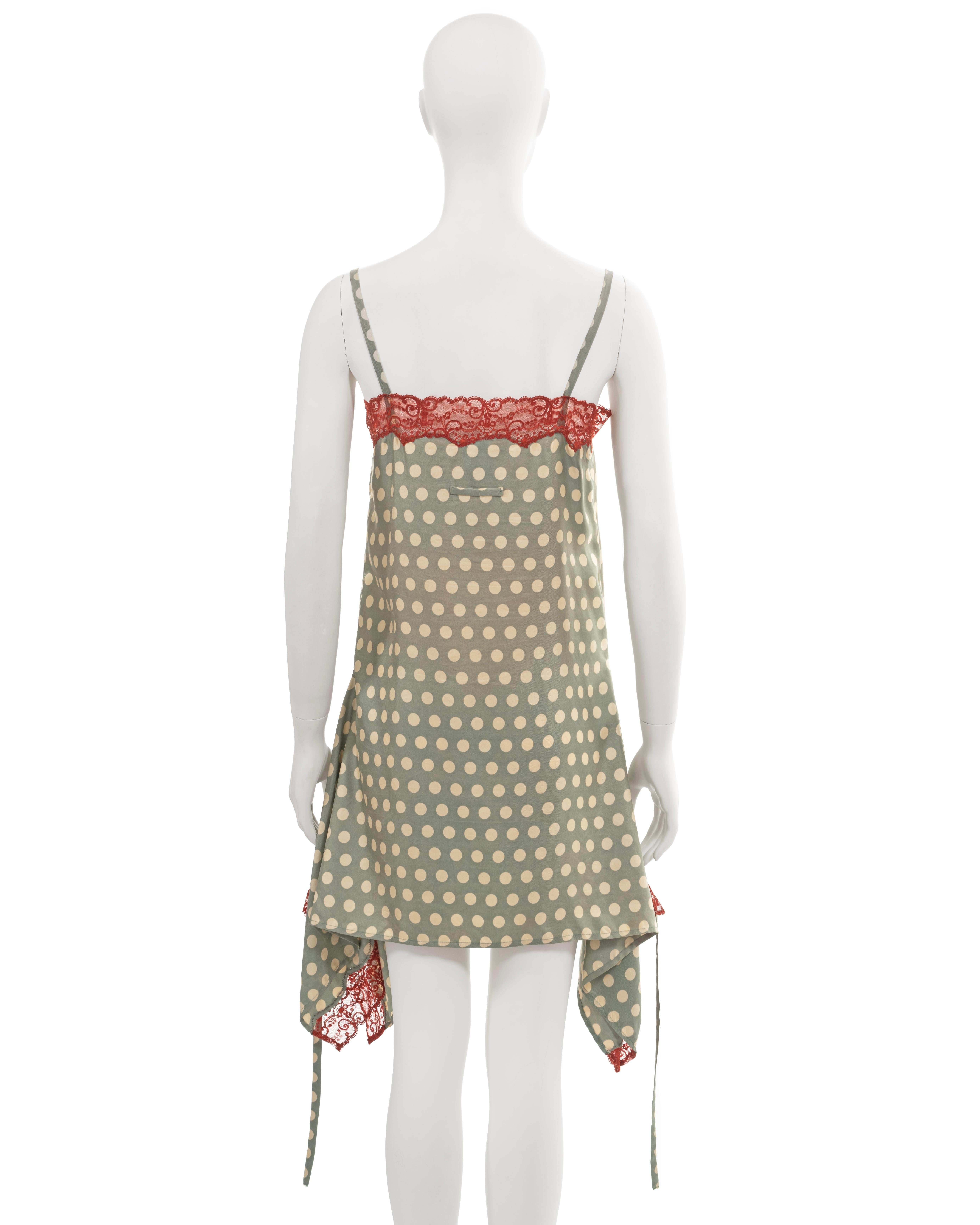 Jean Paul Gaultier green polkadot silk slip dress with red lace trim, ss 1992 For Sale 4