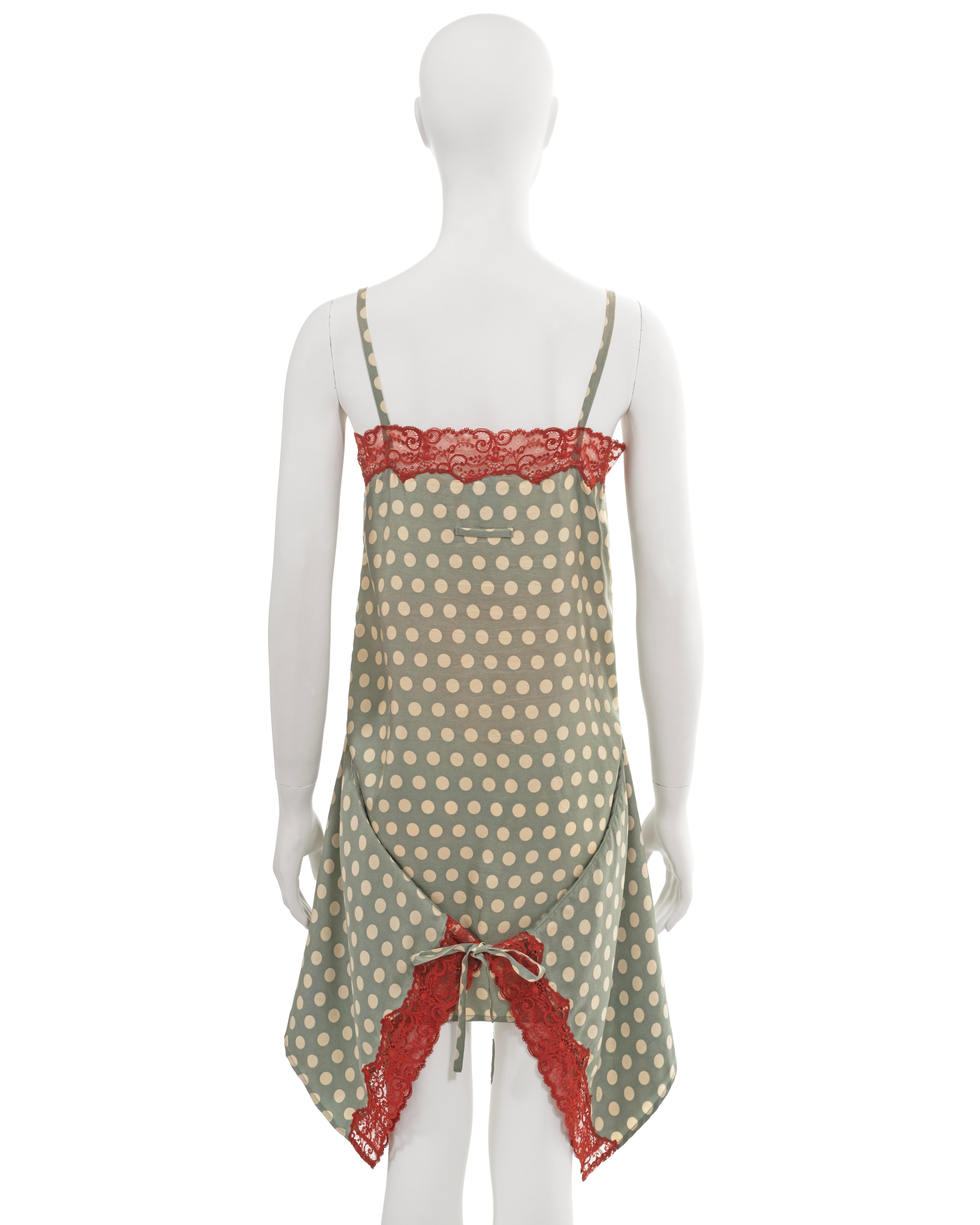Jean Paul Gaultier green polkadot silk slip dress with red lace trim, ss 1992 For Sale 5