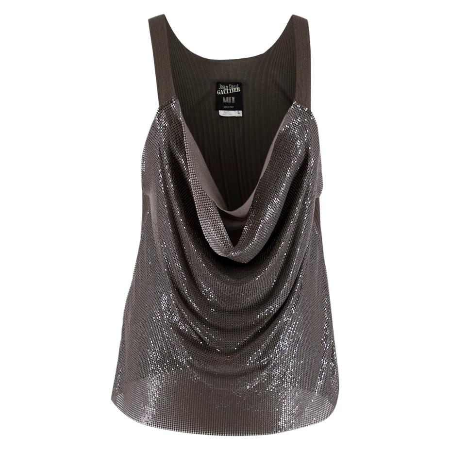 Jean Paul Gaultier Grey Metal Mesh & Knit Draped Top - Size L/XL