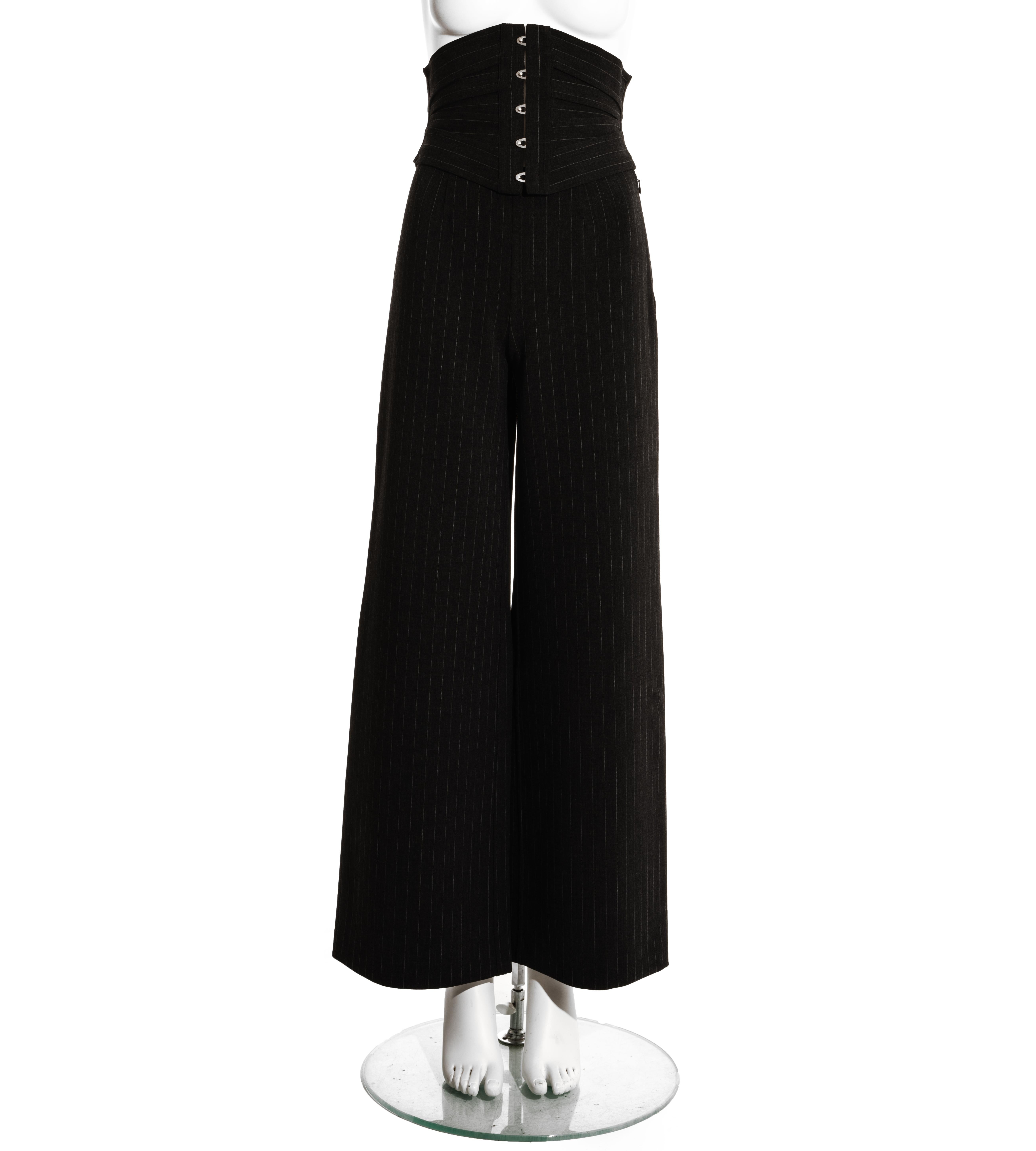 Black Jean Paul Gaultier grey pinstripe wool three piece corseted pant suit, c. 2000s For Sale