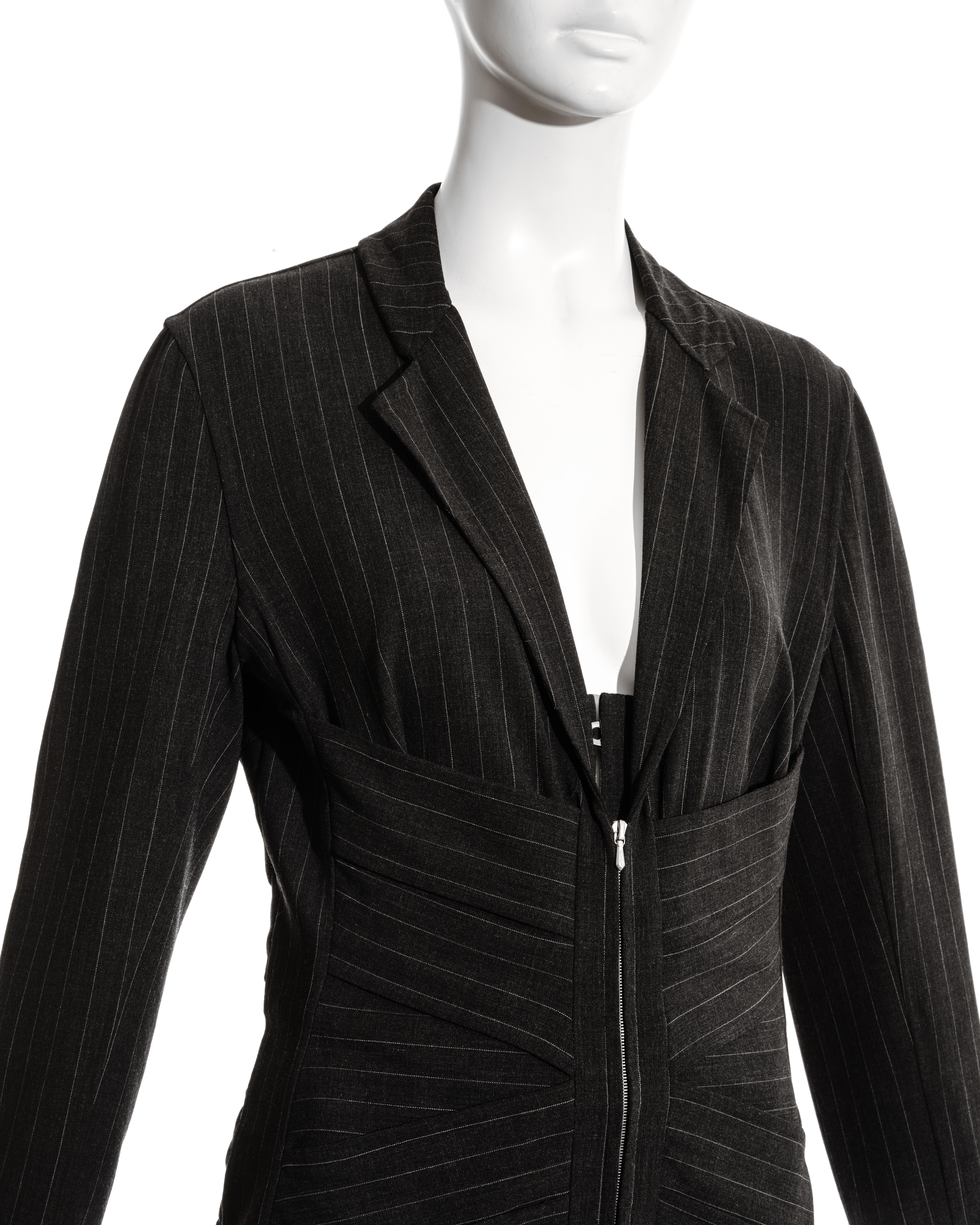 Women's Jean Paul Gaultier grey pinstripe wool three piece corseted pant suit, c. 2000s For Sale