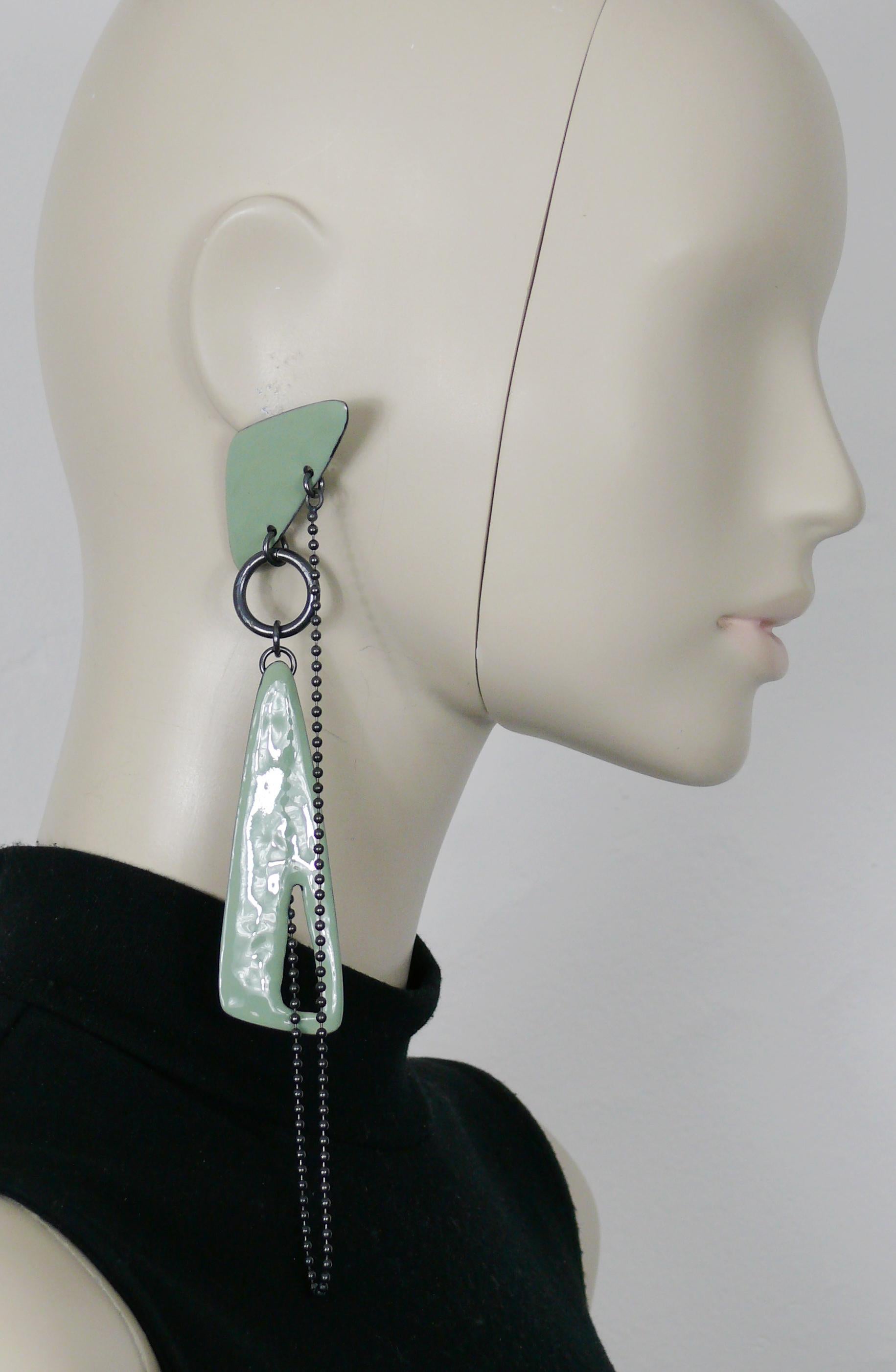 JEAN PAUL GAULTIER hanging mobile dangling earrings (clip-on) featuring free form green enamel elements, a gun patina ball chain and rings.

Marked GAULTIER (only on one earring).

Indicative measurements : max. height approx. 19 cm (7.48 inches) /