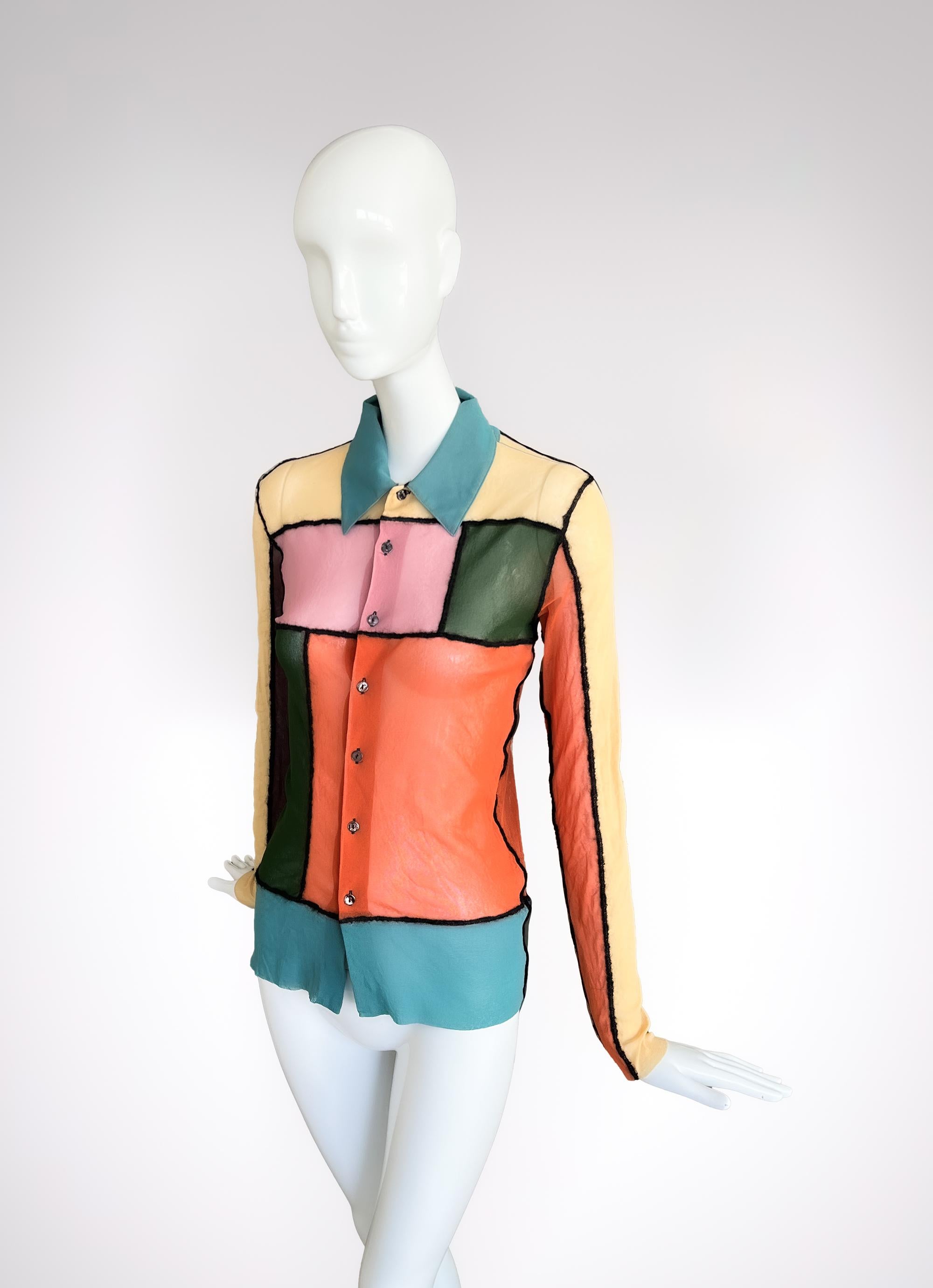 Orange Jean Paul Gaultier Harlequin Colorblock Mondrian Mesh Shirt Blouse Top For Sale