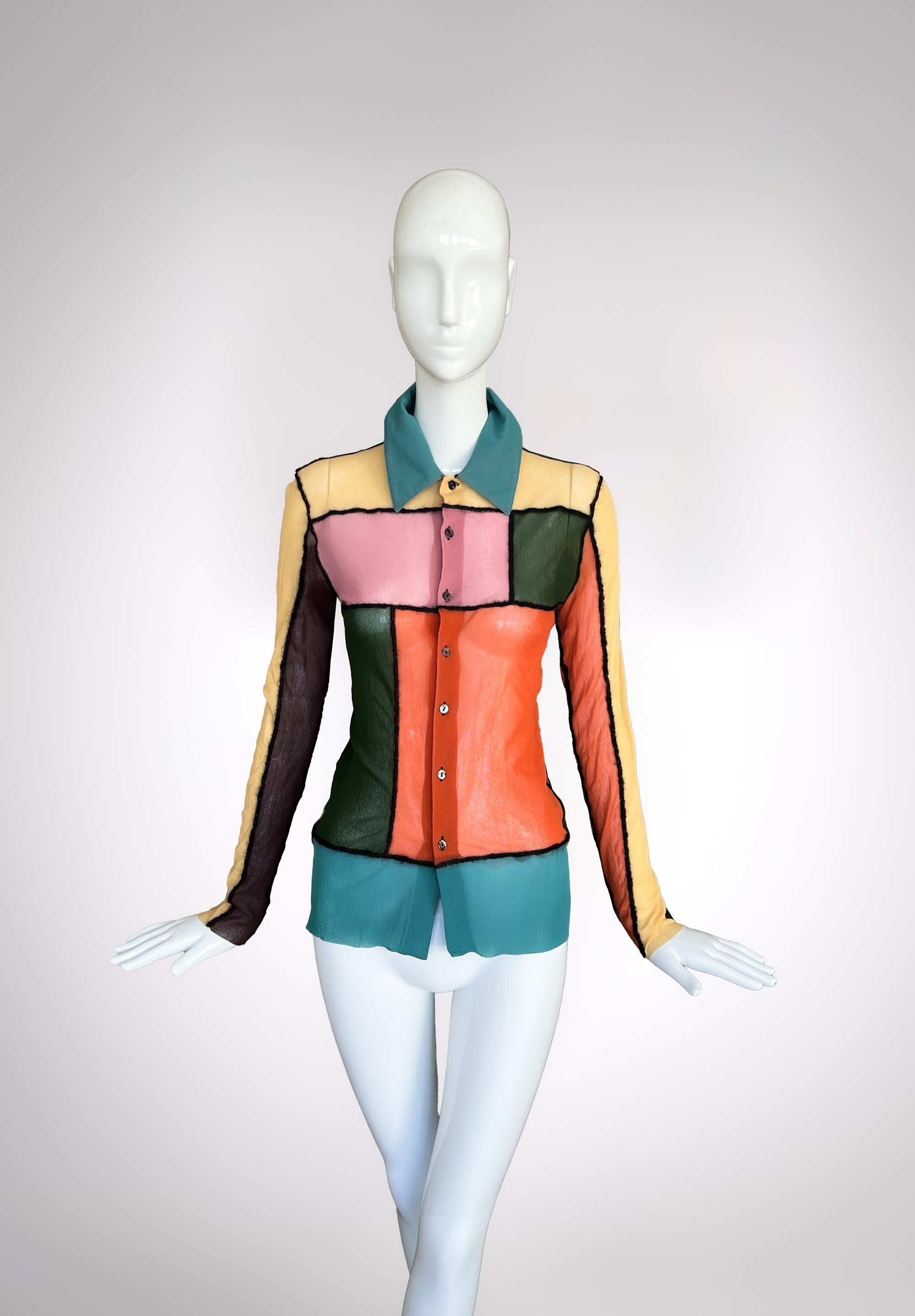 Jean Paul Gaultier Harlequin Colorblock Mondrian Mesh Shirt Blouse Top In Excellent Condition For Sale In Berlin, BE