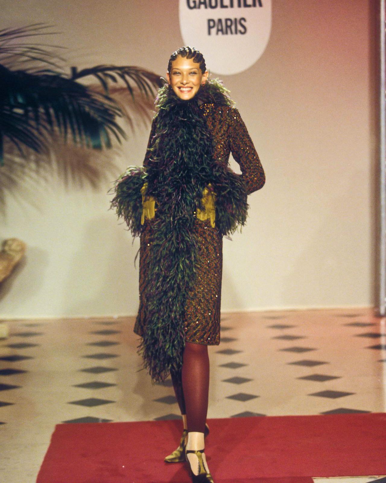 Brown Jean Paul Gaultier Haute Couture Hand-beaded Coat with Ostrich Feathers, FW 1999 For Sale