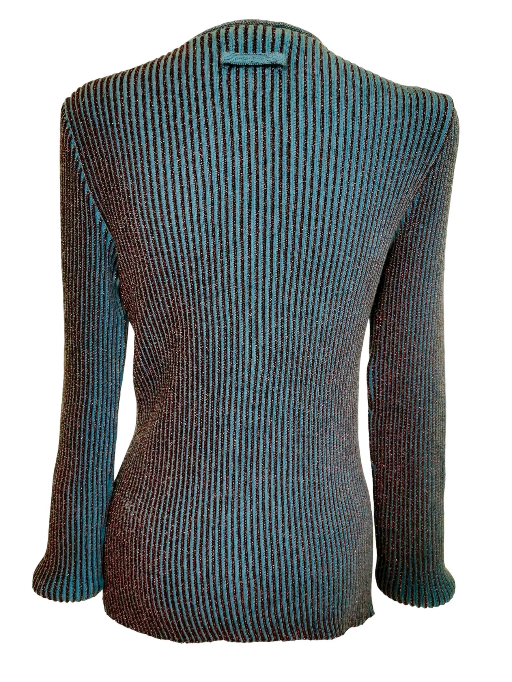 Jean Paul Gaultier Homme Label 
Knitted Ribbed Sweater
Red Lurex Stripe Throughout
Size S
Measures 30 Inches Underarm to Underarm
Fits upto 36 Inch Chest Comfortably
