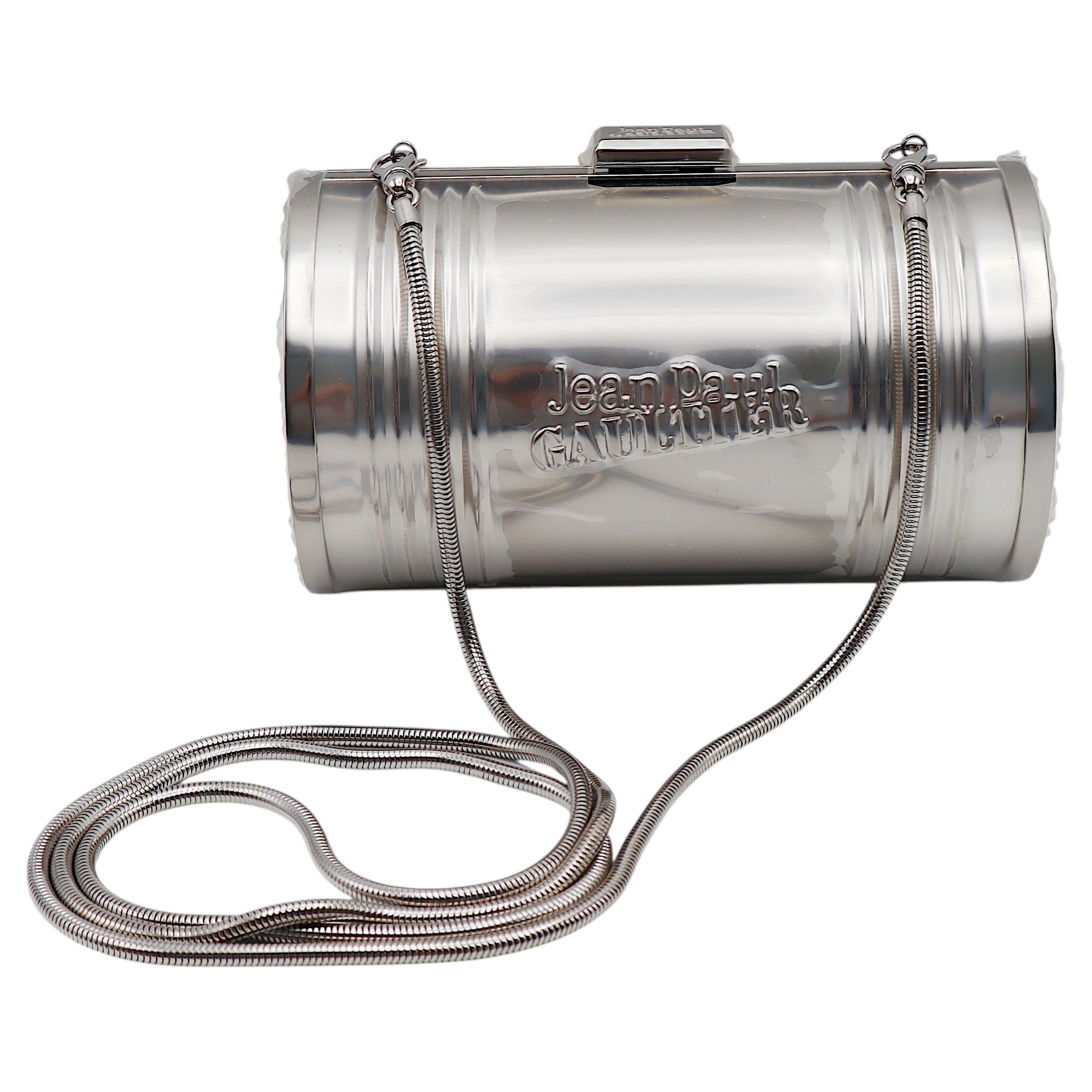 JEAN PAUL GAULTIER Iconic Chrome Tin Can Minaudière Clutch Bag with Snake Chain For Sale
