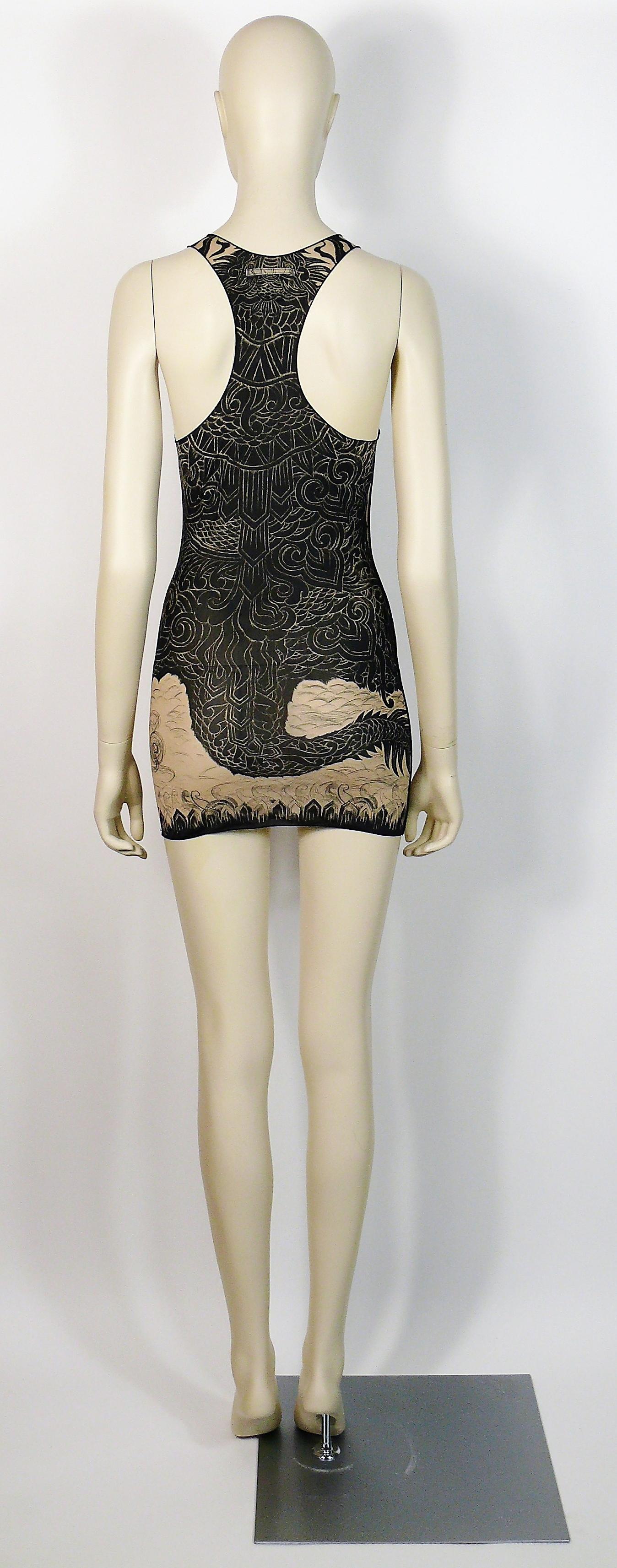 Jean Paul Gaultier Japanese Dragon Tattoo Print Sheer Tank Mini Dress US Size 8 In Excellent Condition In Nice, FR