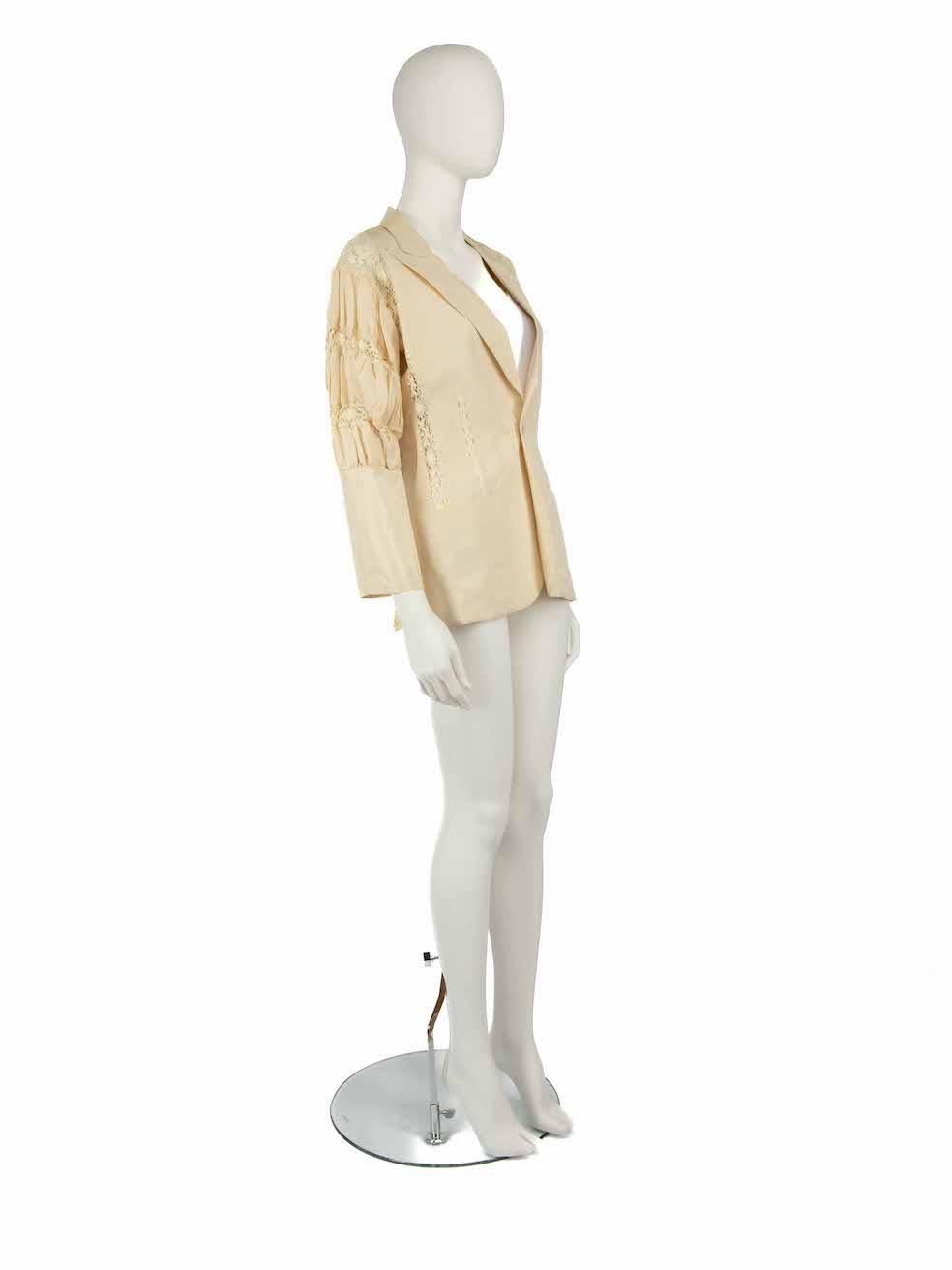 CONDITION is Very good. Hardly any visible wear to blazer is evident on this used Jean Paul Gaultier Femme designer resale item.
 
 Details
 Beige
 Polyester
 Blazer
 Lace trim
 Long sleeves
 2x Front pockets
 Button fastening
 
 
 Made in Italy
 
