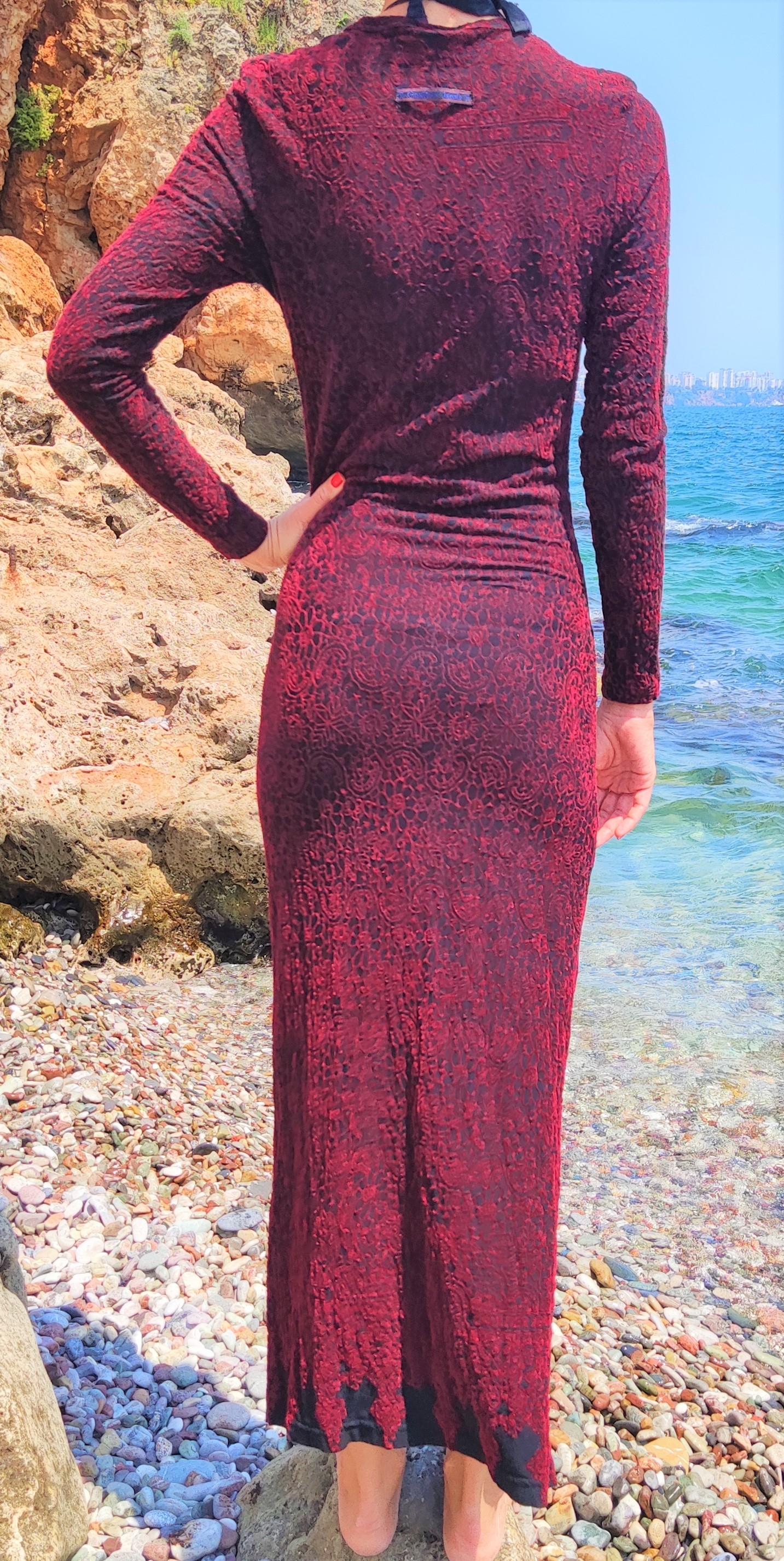 Jean Paul Gaultier Jean's Floral Rojo Negro Tatuaje Vintage Años 90 Maxi Vestido Largo en venta 7