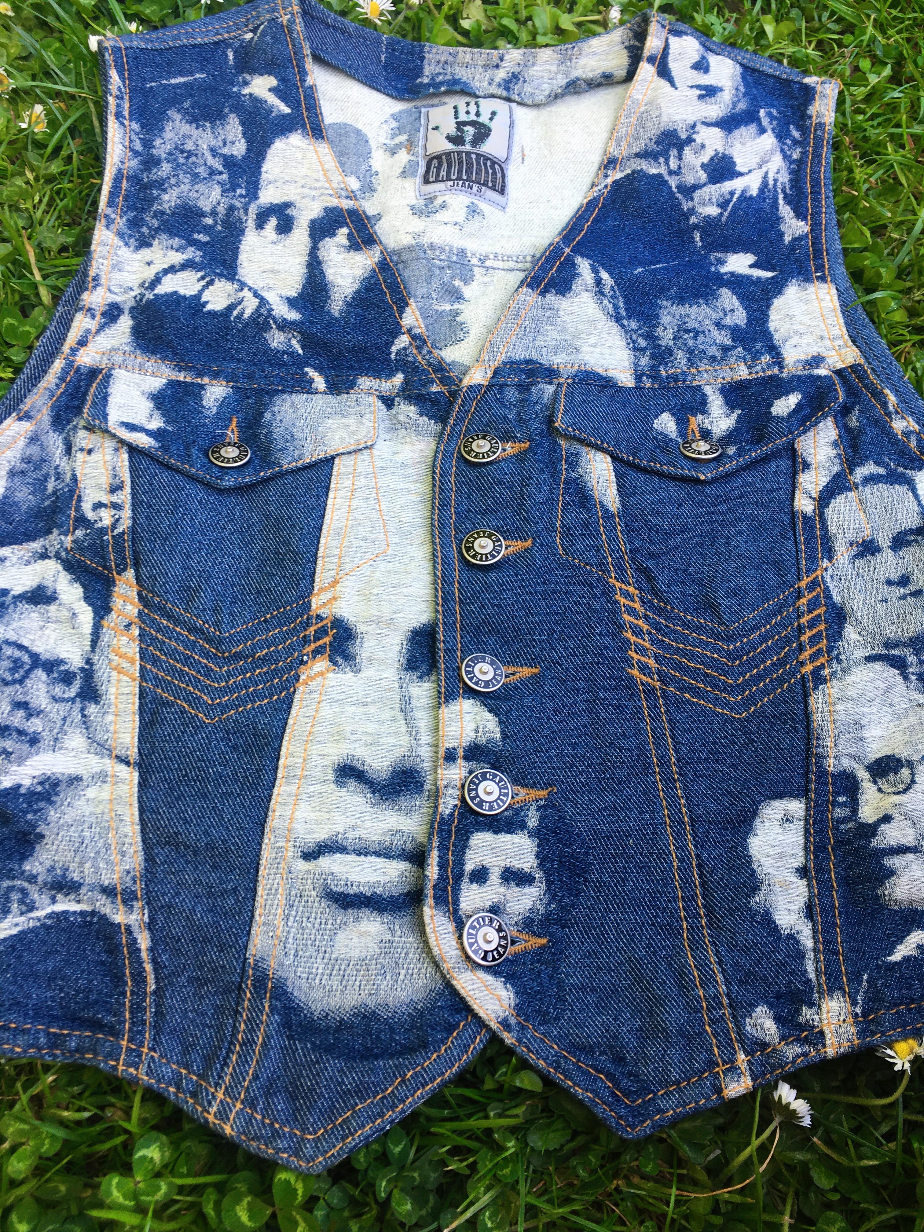 Blue Jean Paul Gaultier Jeans Vintage Face Jacquard Denim Punk 1992 Fight Racism Vest