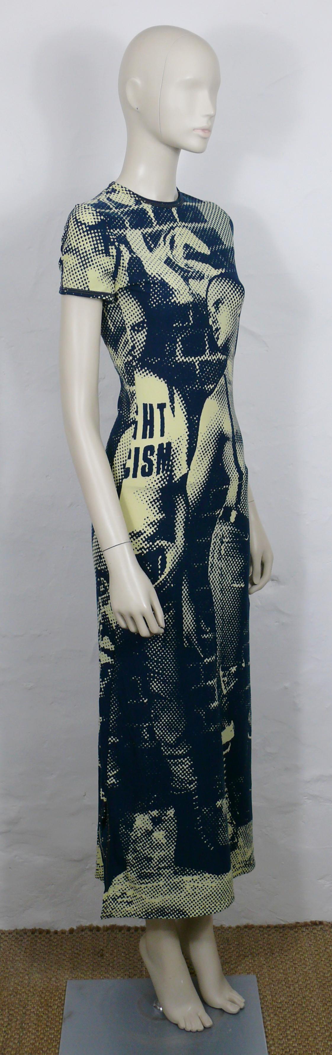 JEAN PAUL GAULTIER JEAN'S vintage FIGHT RACISM blue and yellow bodycon maxi dress.

As seen on KYLIE JENNER.

Slips on.
Has stretch.
A slit on both sides.
No lining.

Label reads GAULTIER JEAN'S Made in France.

Size label reads : unreadable
Please