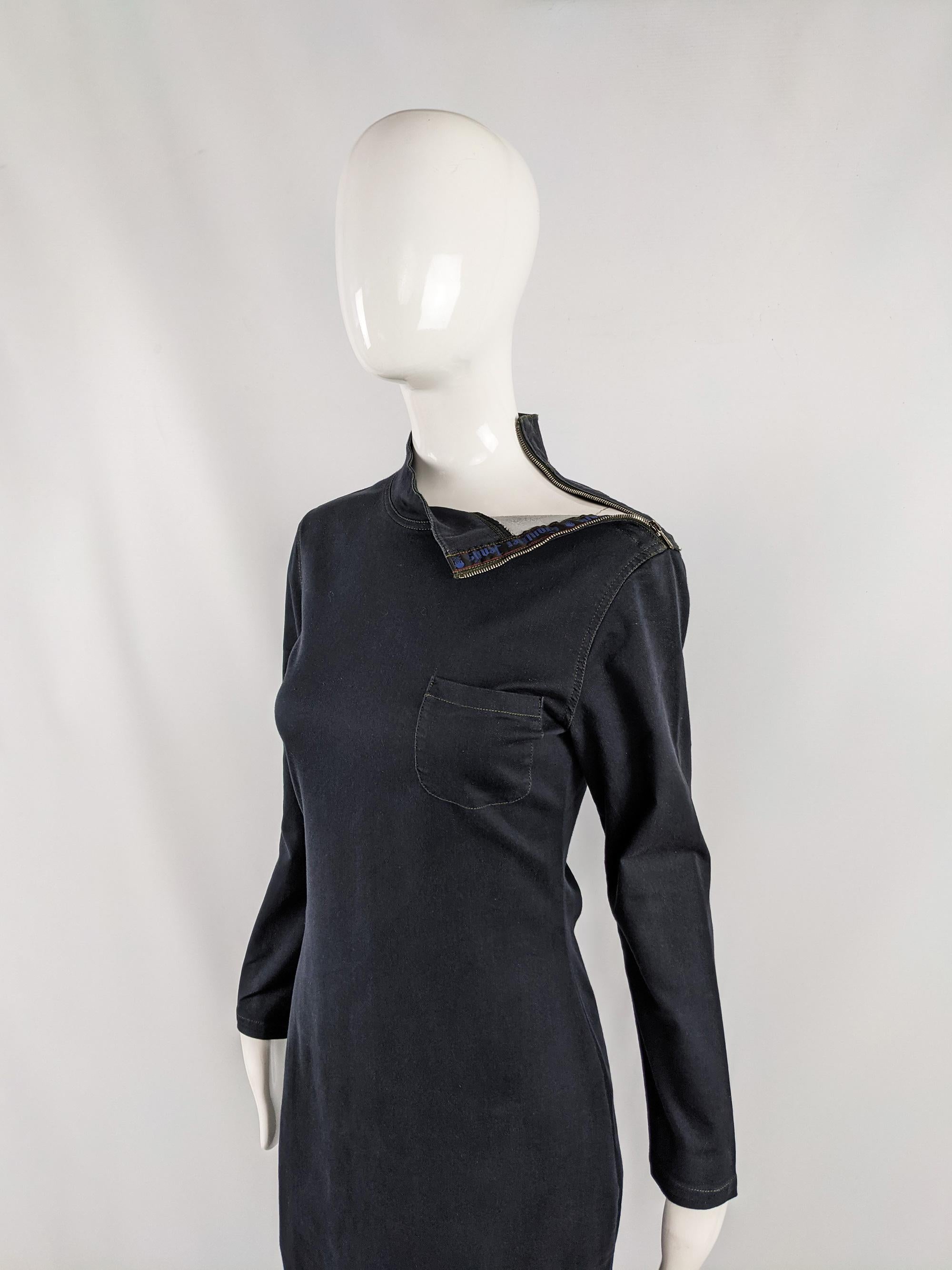 Black Jean Paul Gaultier Jeans Vintage Mock Neck Stretch Denim Minimalist Dress, 1990s For Sale