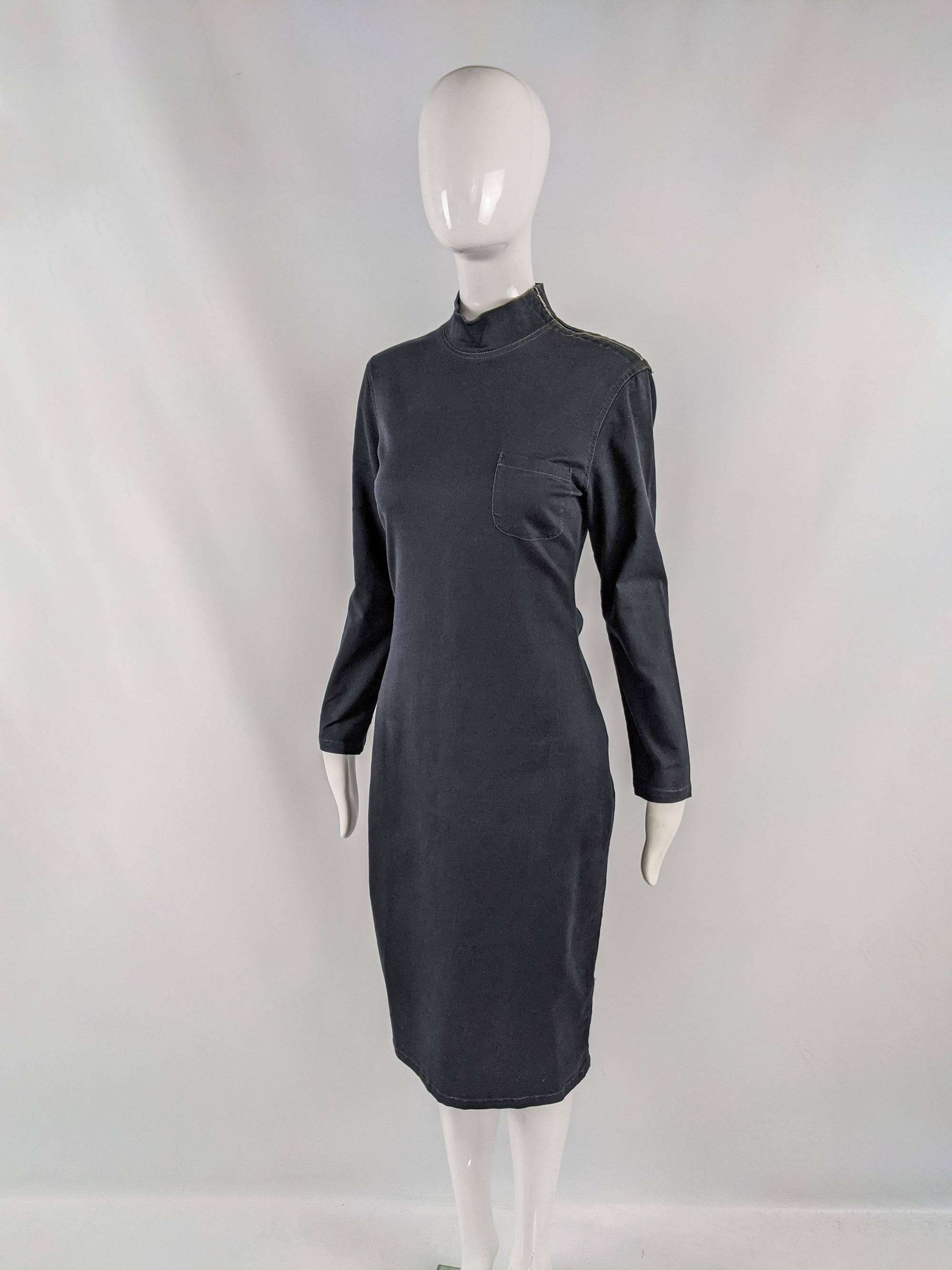 Jean Paul Gaultier Jeans Vintage Mock Neck Stretch Denim Minimalist Dress, 1990s For Sale 1