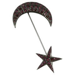 JEAN PAUL GAULTIER Jewelled Crescent Moon & Star Lapel Pin Brooch