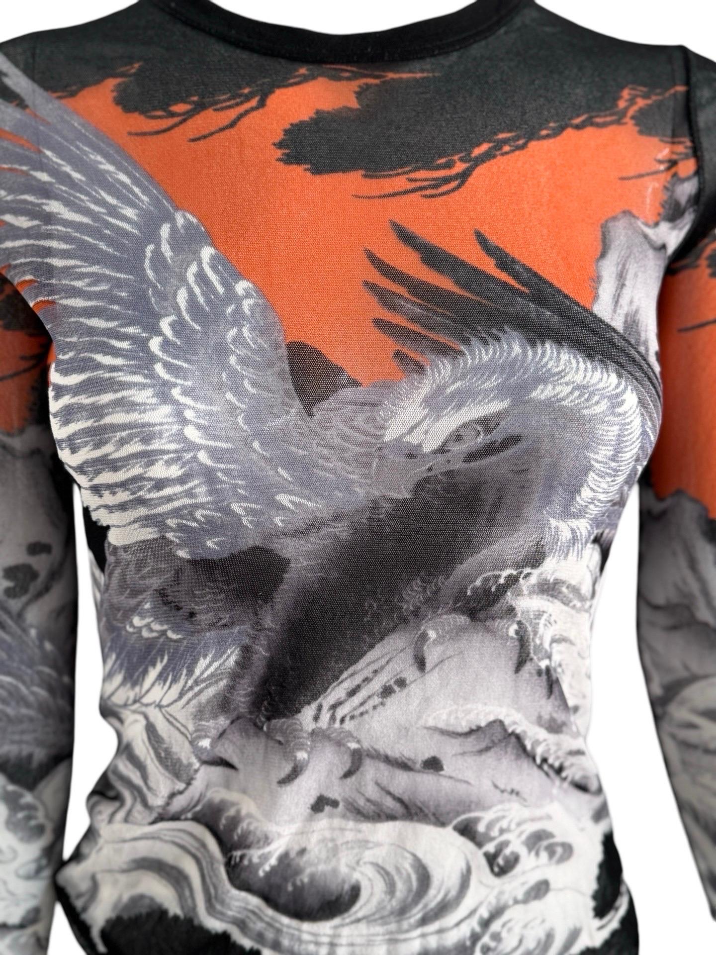 Gray Jean Paul Gaultier JPG Soleil Mesh Eagle Tatoo Top For Sale
