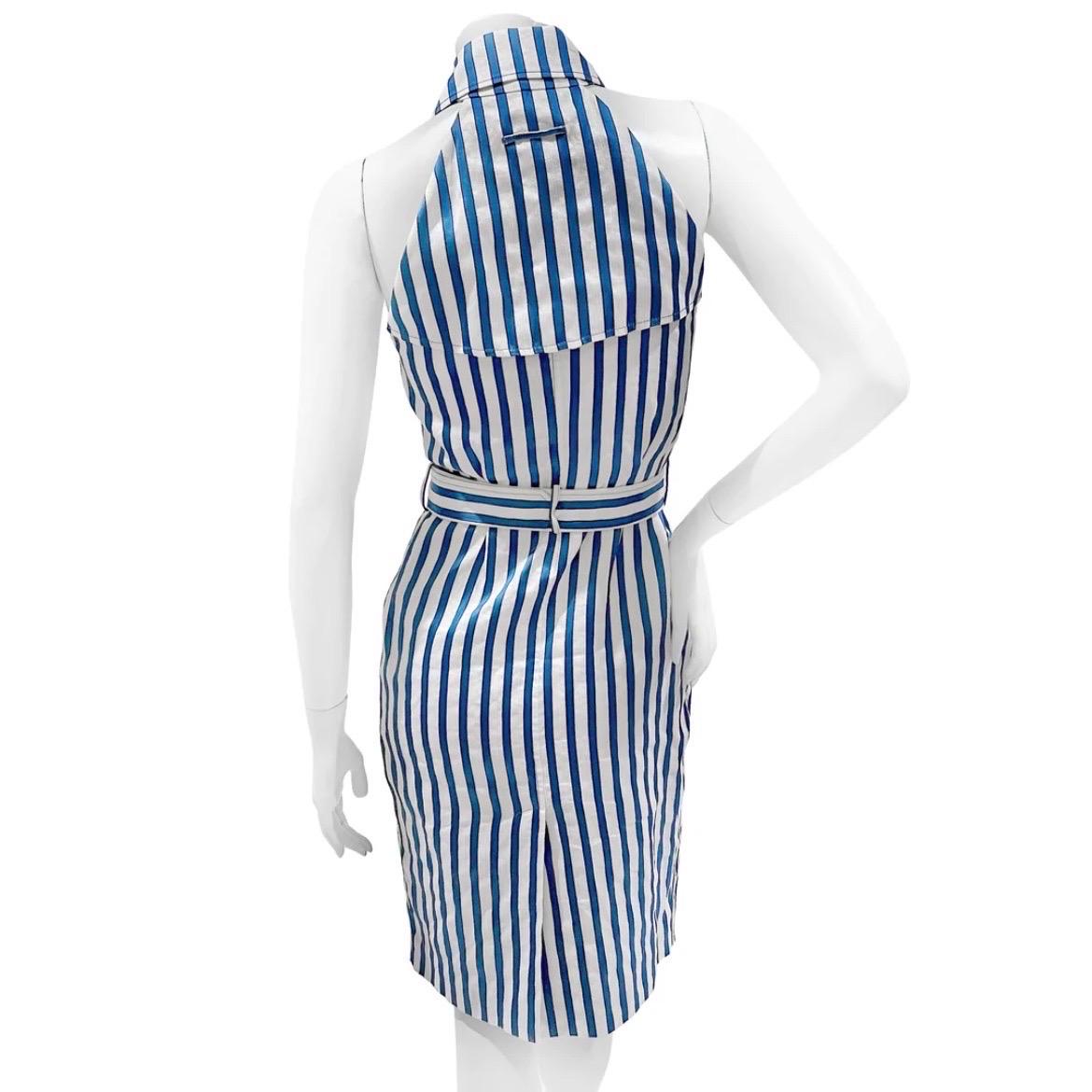 Vintage Stripe Sleeveless Dress by Jean Paul Gaultier Femme
Circa 1990s
Blue and white vertical stripe
Sleeveless
Front of dress has single snap button and multi inside button closure
Top collar detail with clasp closure
Dress has adjustable belt