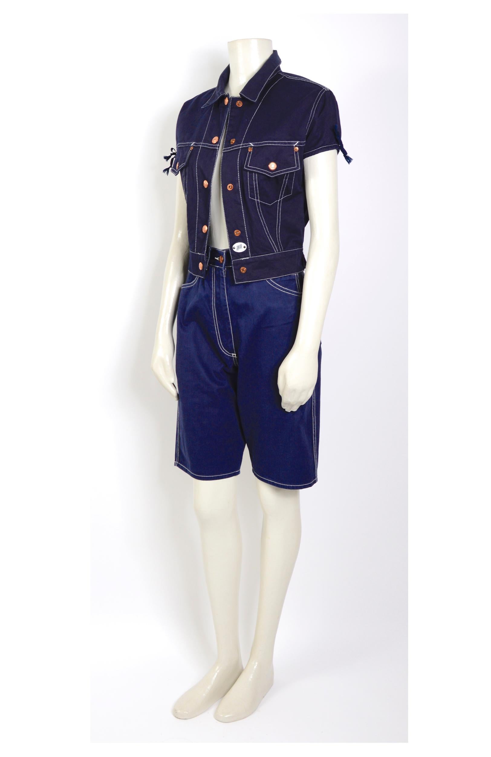 Jean Paul Gaultier Junior 1980er Jahre Vintage Blaue Jeans aus Baumwolle im Bermudaschliff im Angebot 1