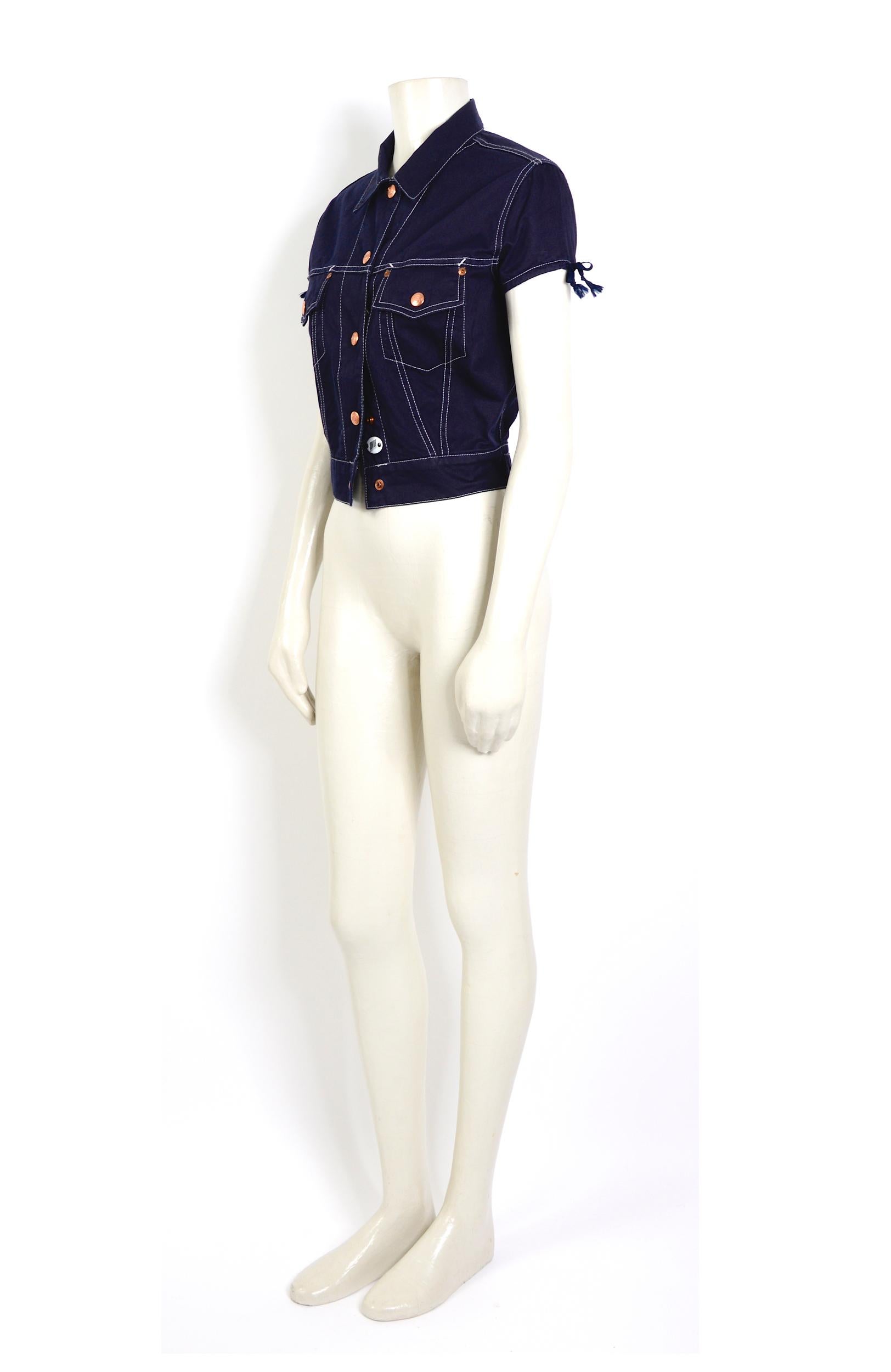 Black Jean Paul Gaultier junior 1980s vintage jeans short sleeves jacket For Sale