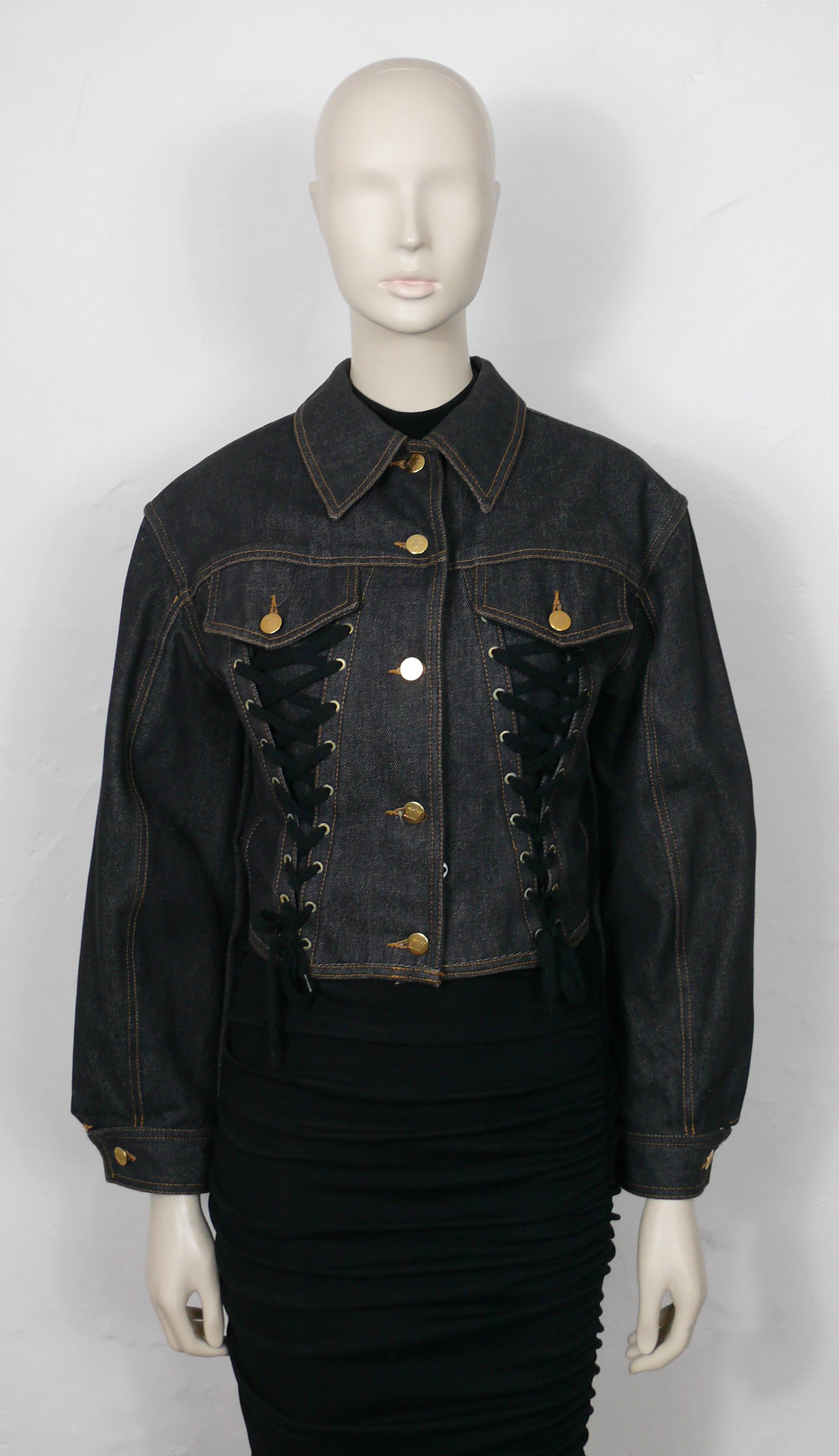 JEAN PAUL GAULTIER Junior vintage distressed black denim iconic corset style jacket.

This jacket features :
- Distressed black denim.
- Classic collar.
- Front button down fastening.
- Front lace up detail.
- Long sleeves with button cuffs
- Pocket