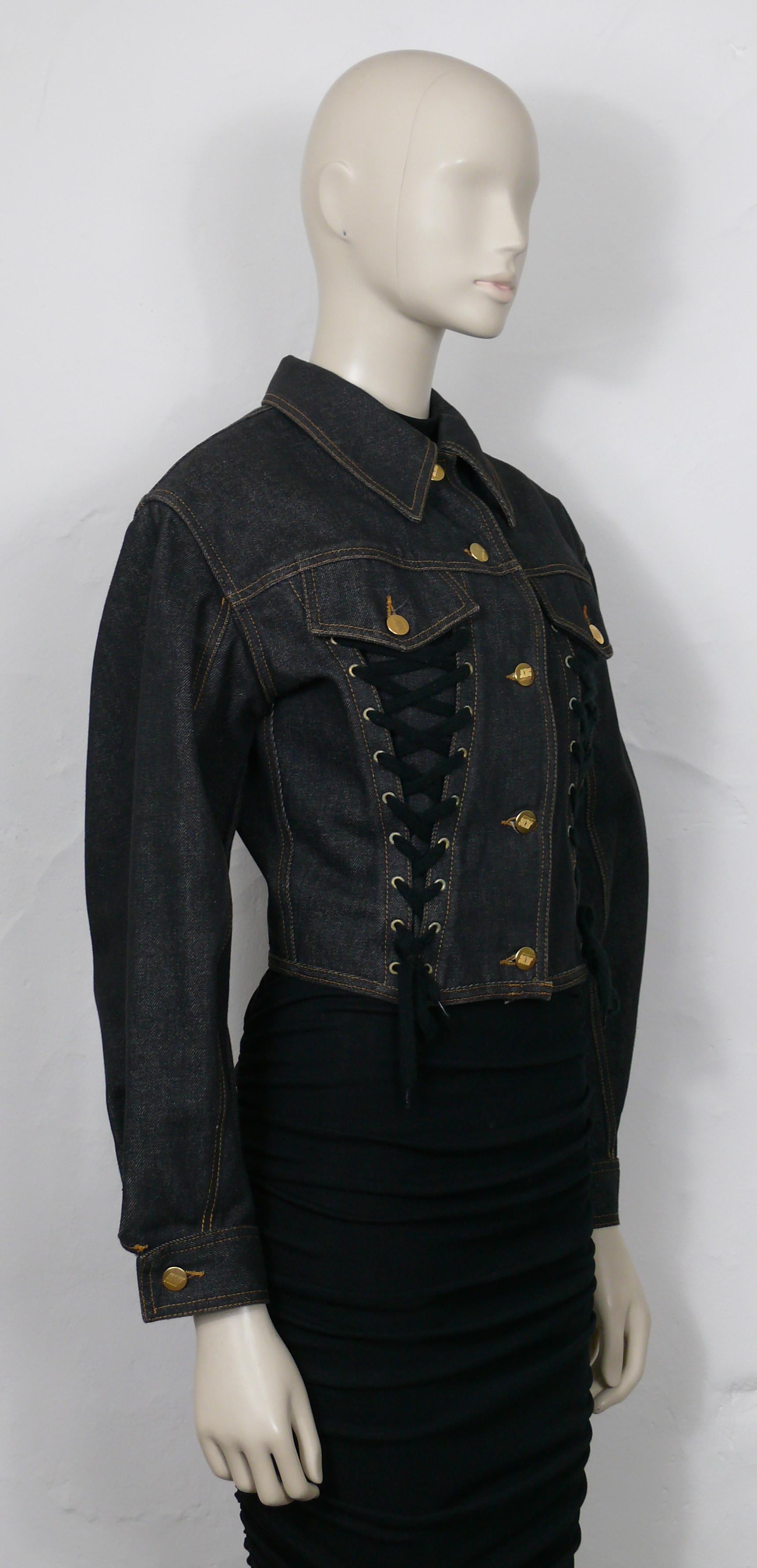 JEAN PAUL GAULTIER Junior Vintage Black Denim Iconic Corset Style Jacket Size 42 In Good Condition For Sale In Nice, FR