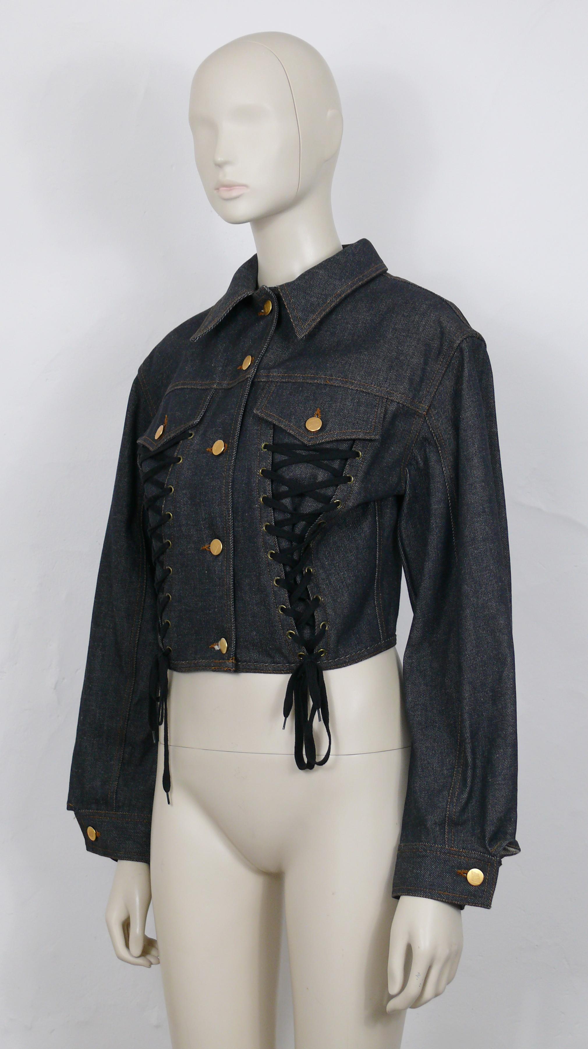 Jean Paul Gaultier Junior Vintage Black Denim Iconic Corset Style Jacket Size 42 In Excellent Condition For Sale In Nice, FR