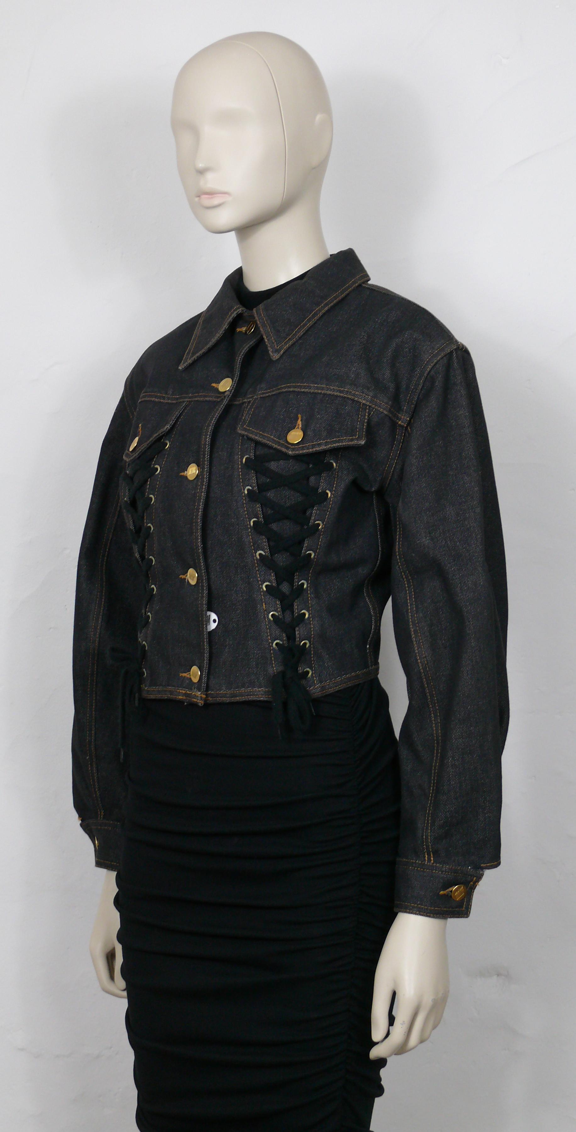 Women's or Men's JEAN PAUL GAULTIER Junior Vintage Black Denim Iconic Corset Style Jacket Size 42 For Sale