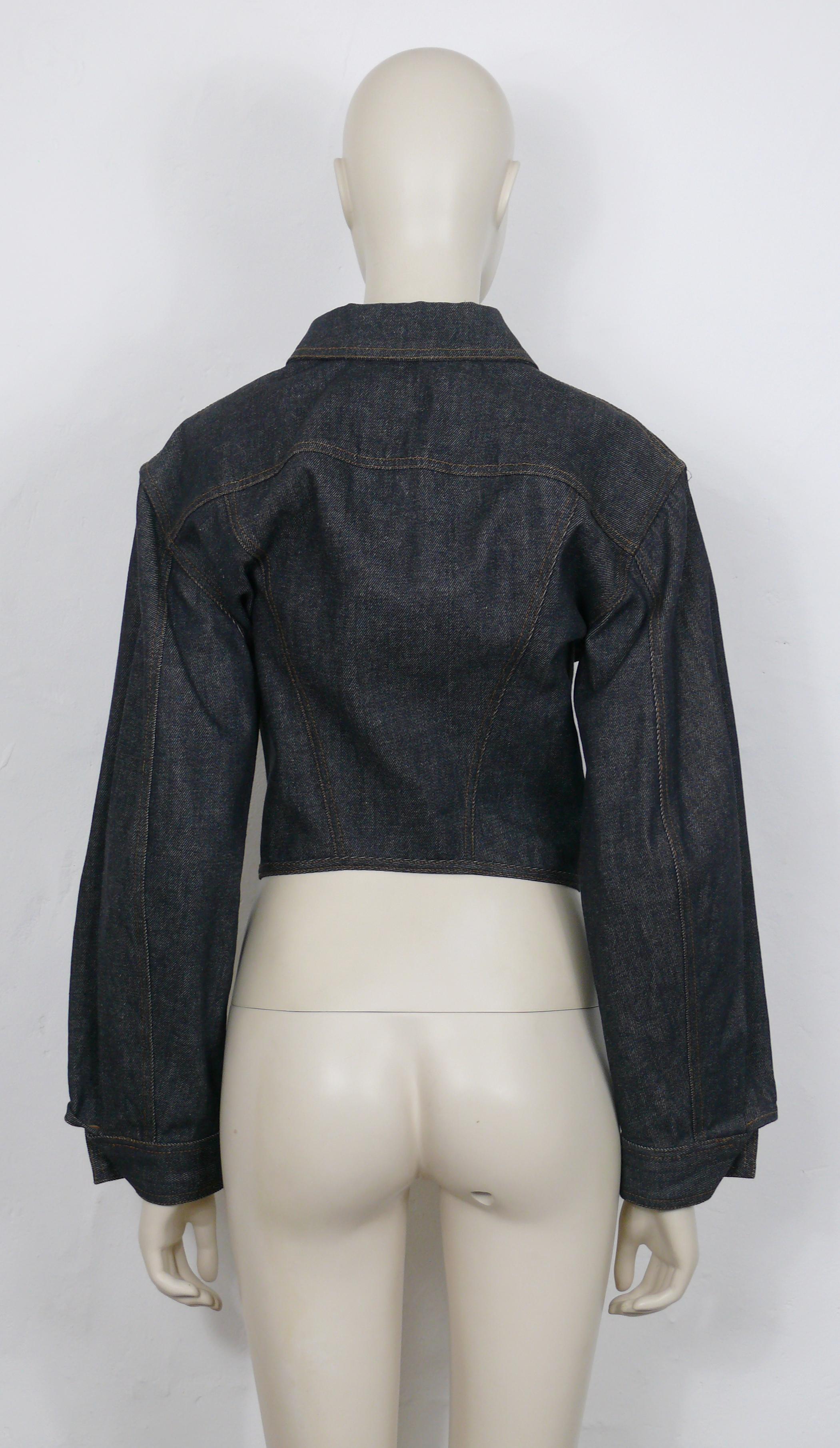 Women's or Men's Jean Paul Gaultier Junior Vintage Black Denim Iconic Corset Style Jacket Size 42 For Sale