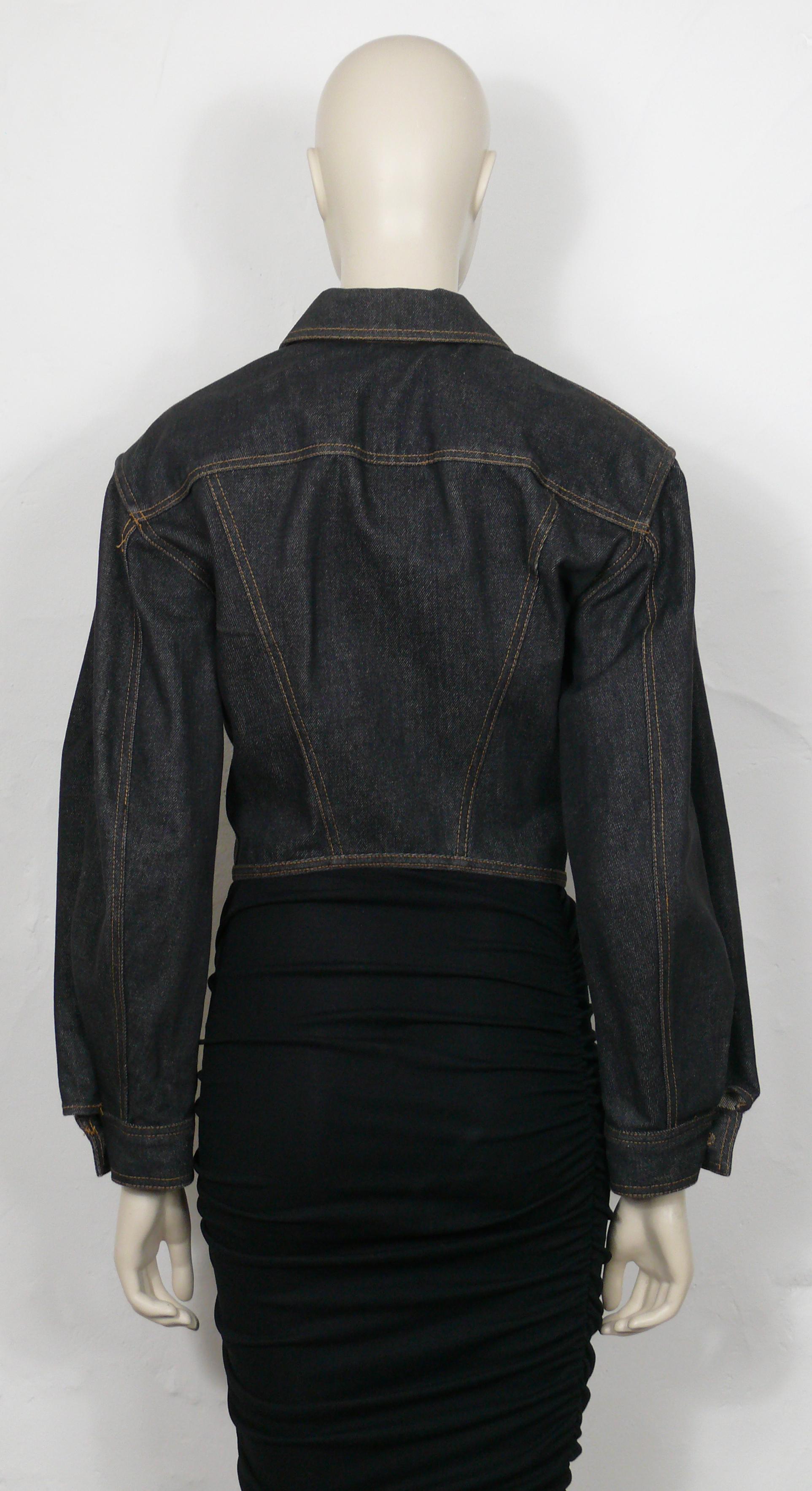 JEAN PAUL GAULTIER Junior Vintage Black Denim Iconic Corset Style Jacket Size 42 For Sale 1
