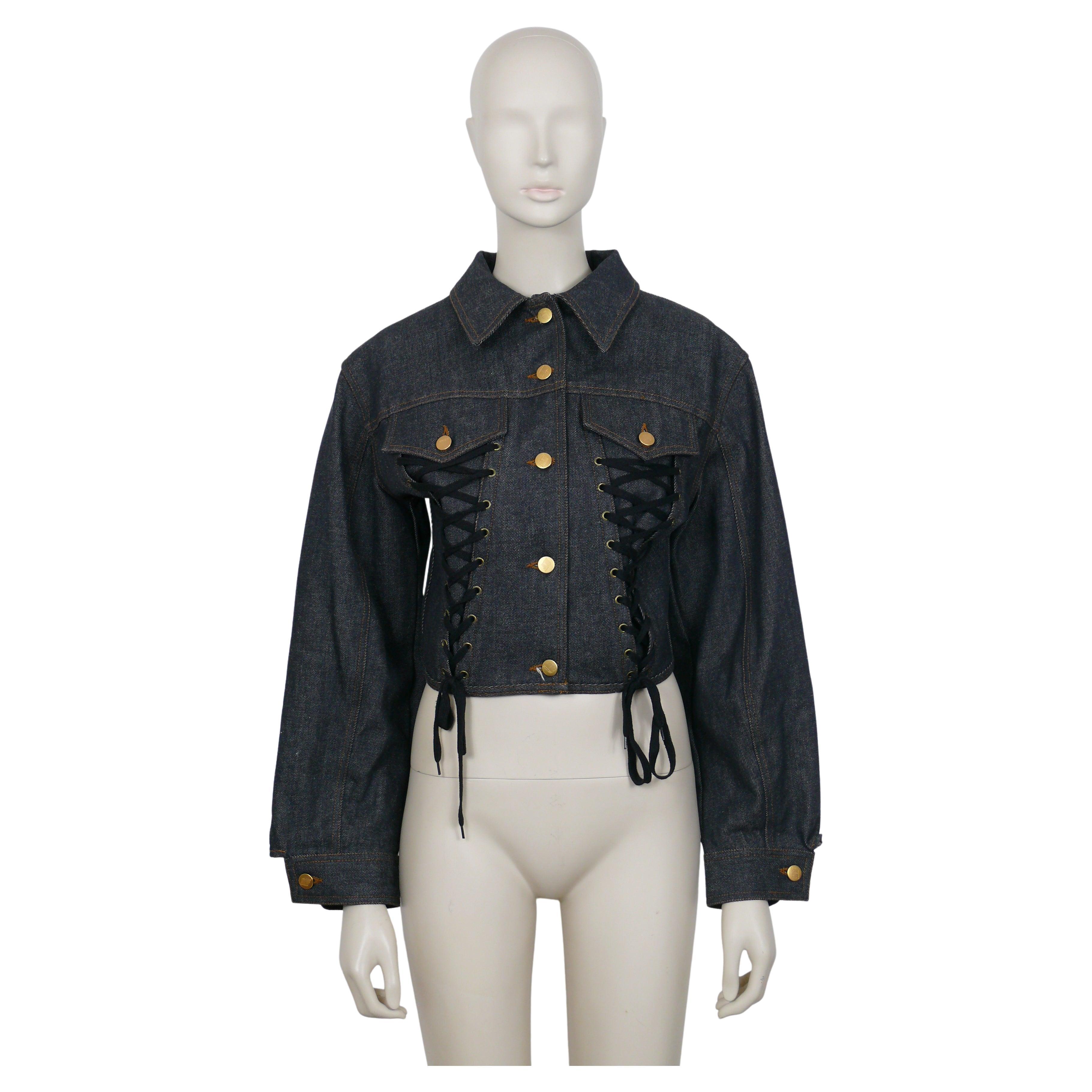 Jean Paul Gaultier Junior Vintage Black Denim Iconic Corset Style Jacket Size 42 For Sale