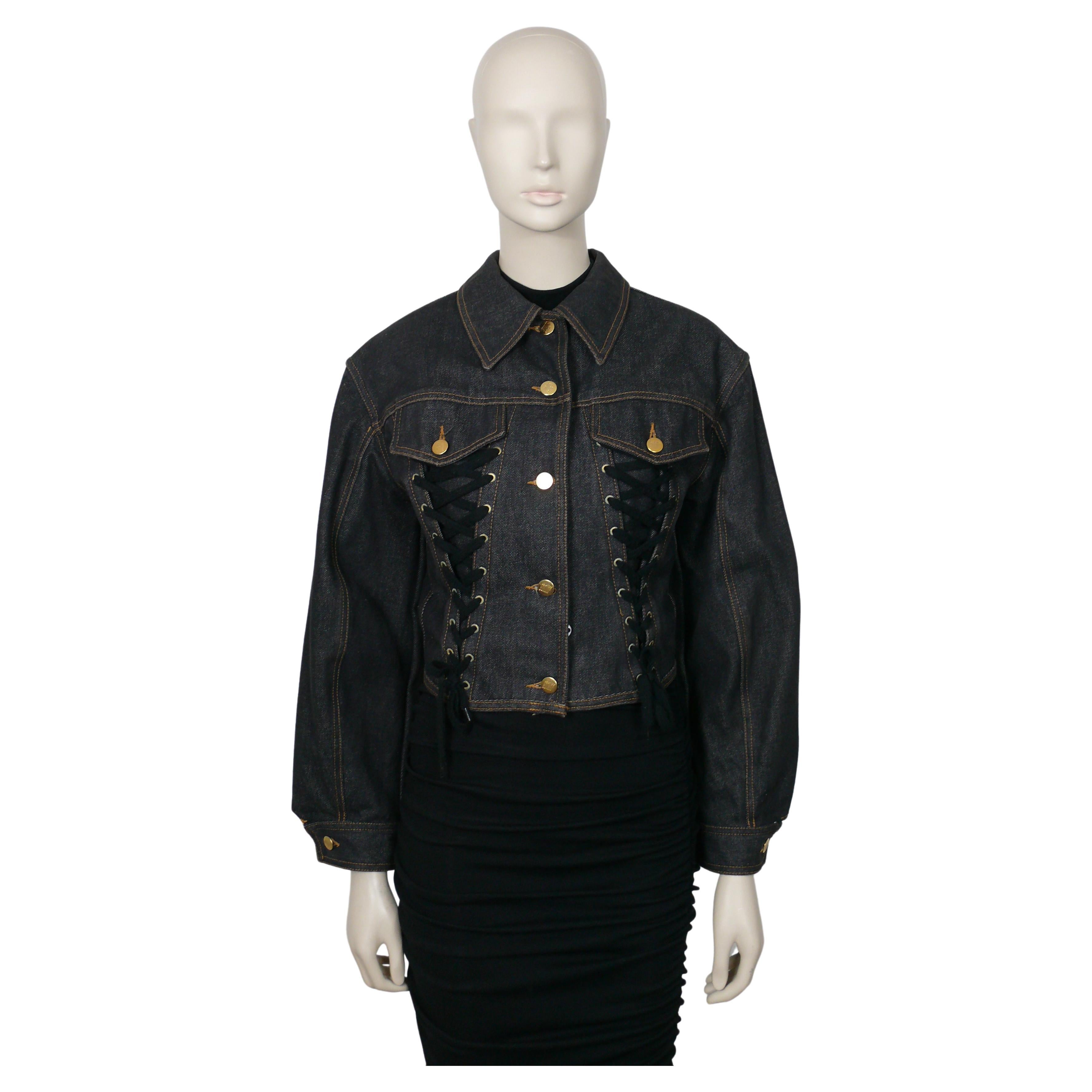 JEAN PAUL GAULTIER Junior Vintage Black Denim Iconic Corset Style Jacket Size 42 For Sale