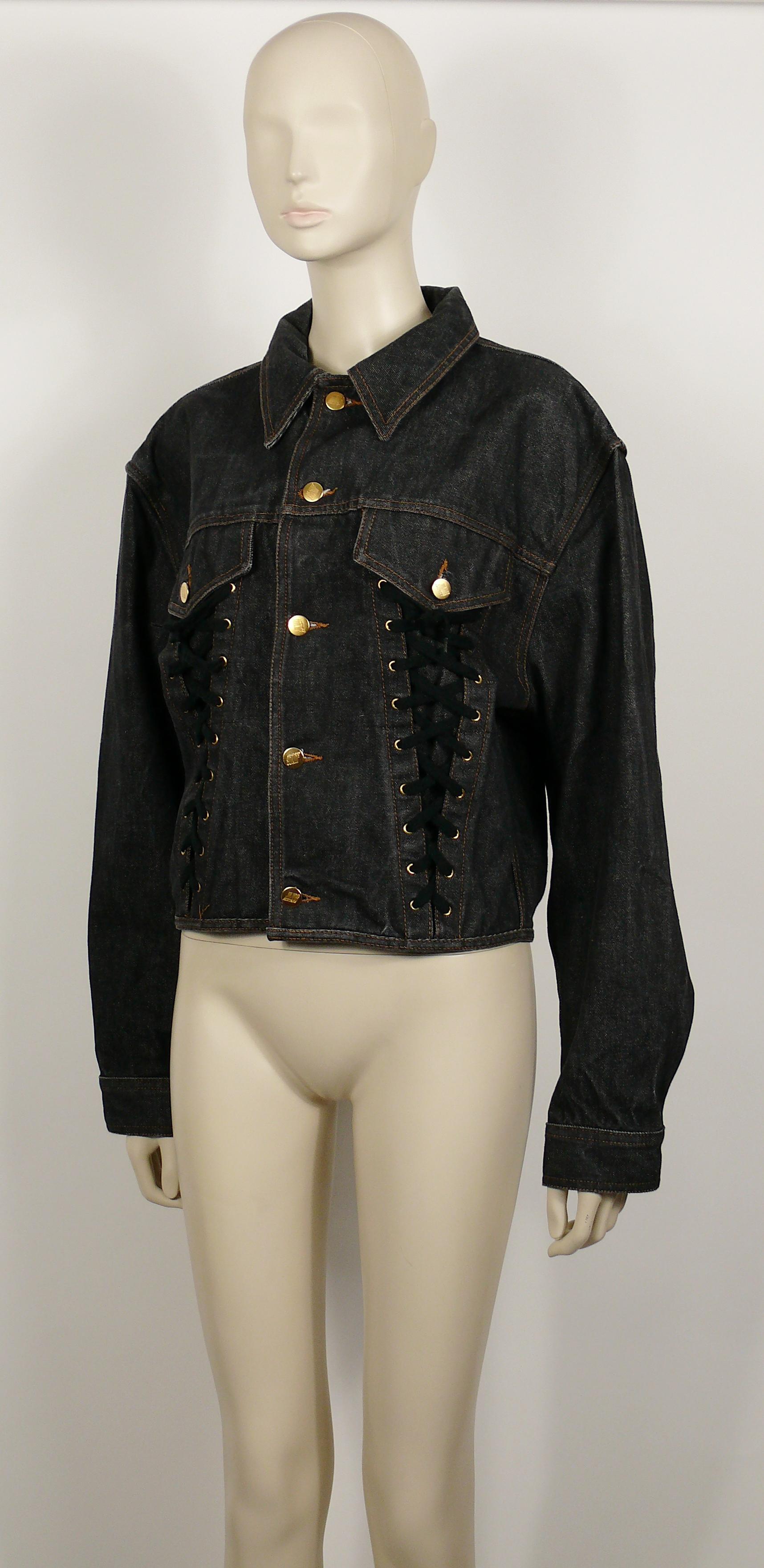 Jean Paul Gaultier Junior Vintage Black Denim Iconic Corset Style Jacket Size 48 In Good Condition For Sale In Nice, FR