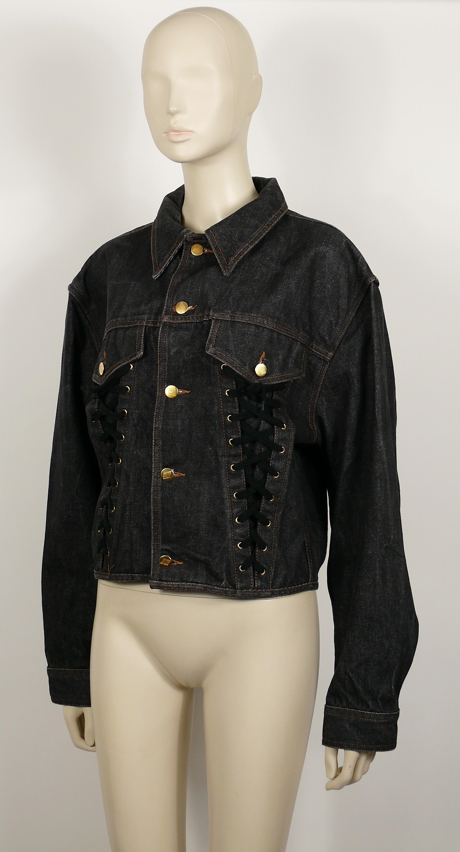 Women's or Men's Jean Paul Gaultier Junior Vintage Black Denim Iconic Corset Style Jacket Size 48 For Sale