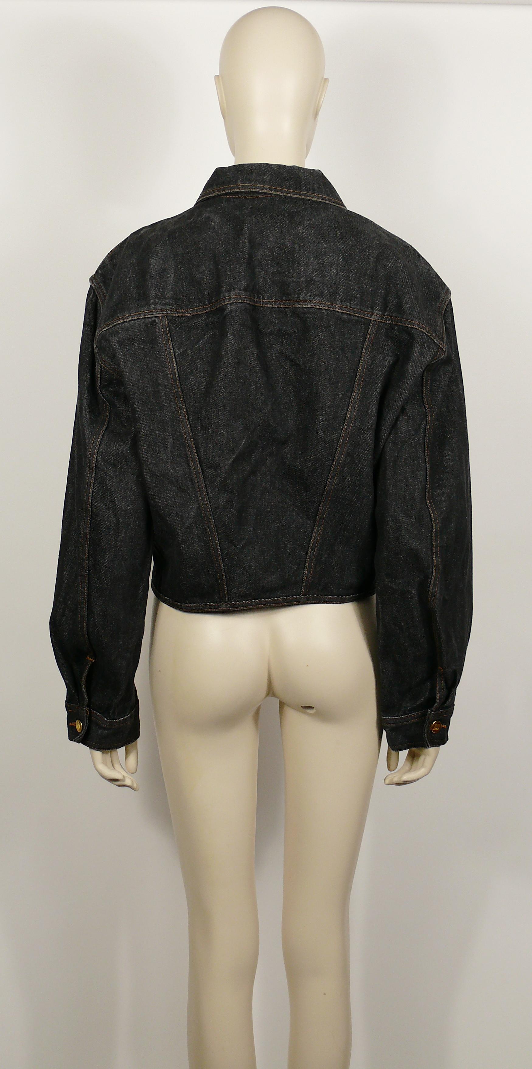 Jean Paul Gaultier Junior Vintage Black Denim Iconic Corset Style Jacket Size 48 For Sale 1
