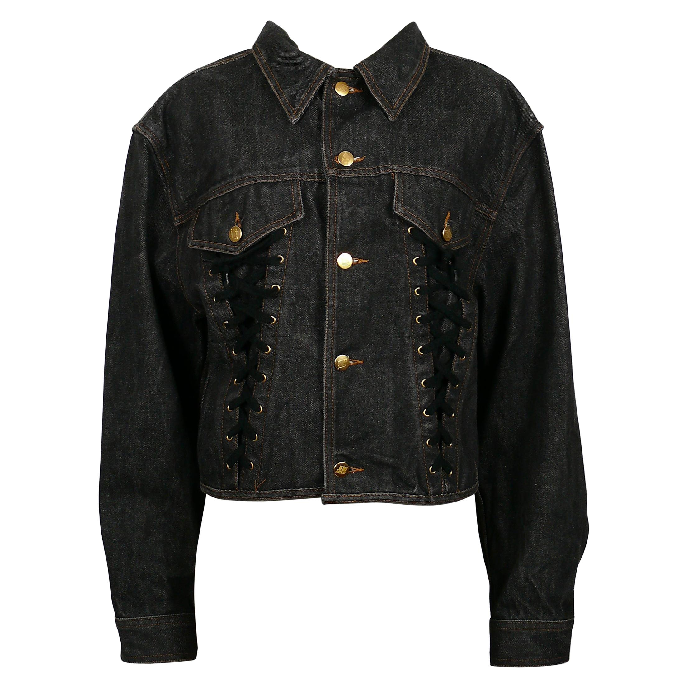 Jean Paul Gaultier Junior Vintage Black Denim Iconic Corset Style Jacket Size 48 For Sale