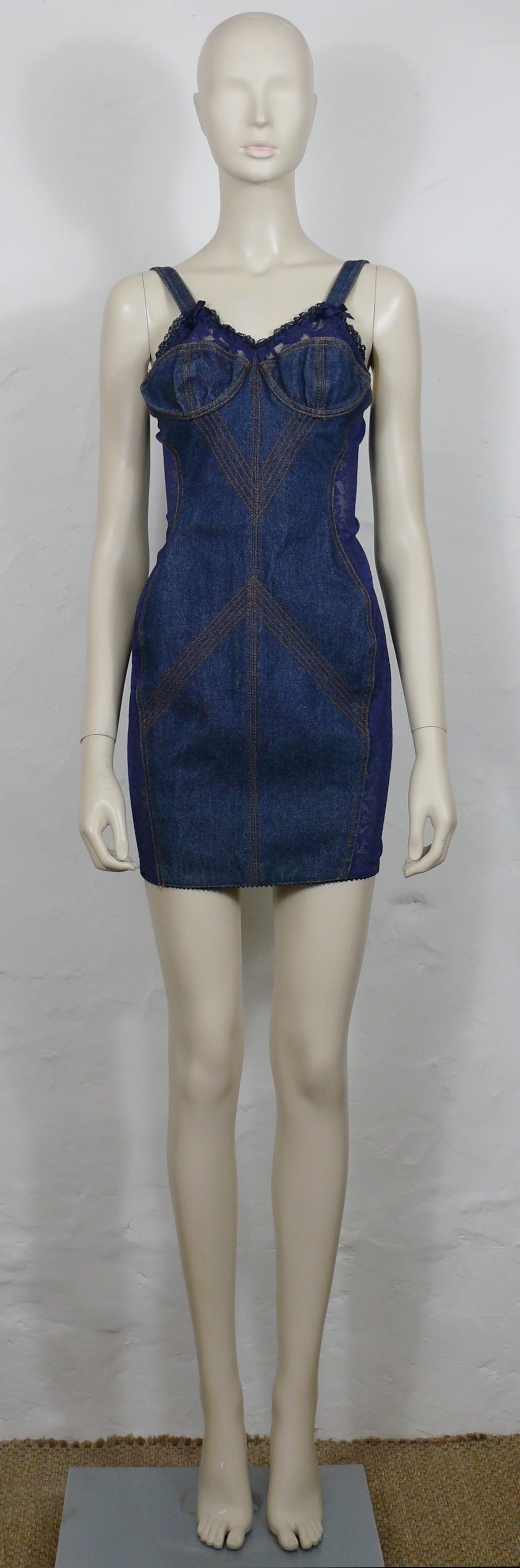 Black JEAN PAUL GAULTIER JUNIOR Vintage Blue Lace Sheer Panel Bra Mini Denim Dress For Sale