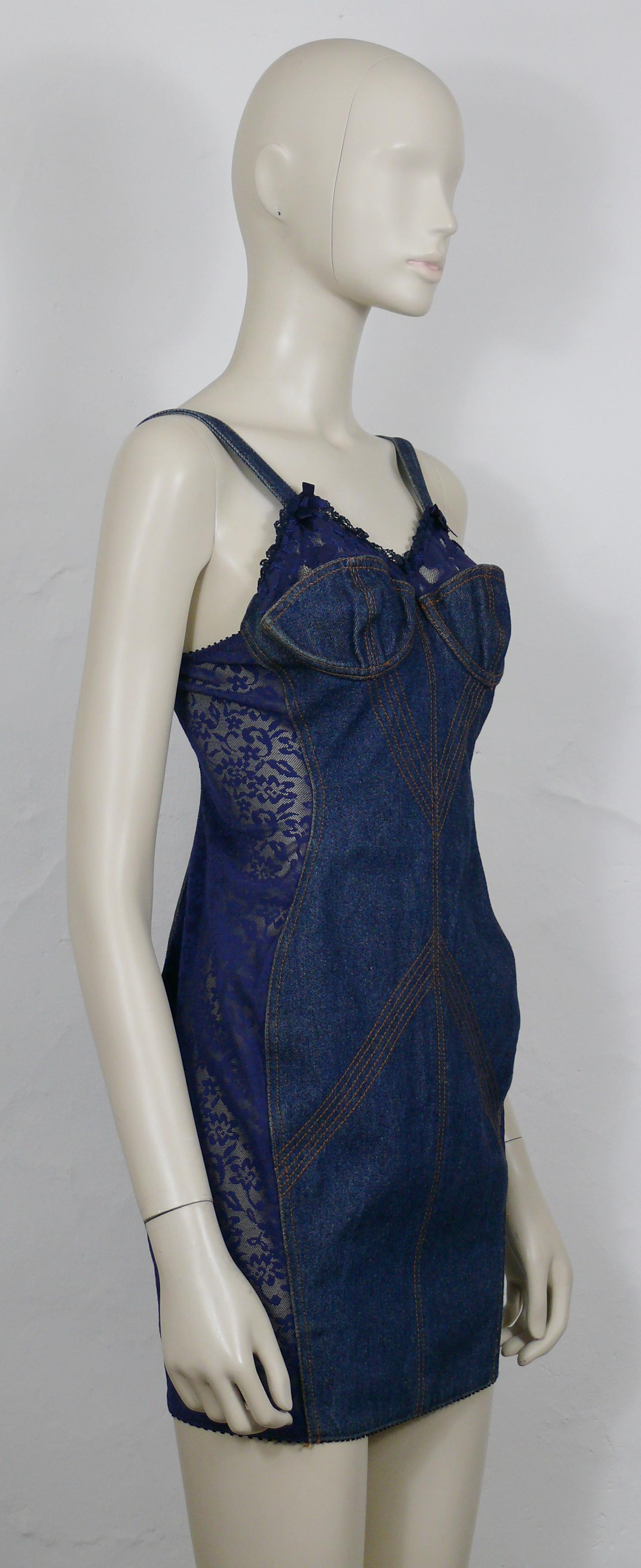 JEAN PAUL GAULTIER JUNIOR Vintage Blue Lace Sheer Panel Bra Mini Denim Dress In Good Condition For Sale In Nice, FR