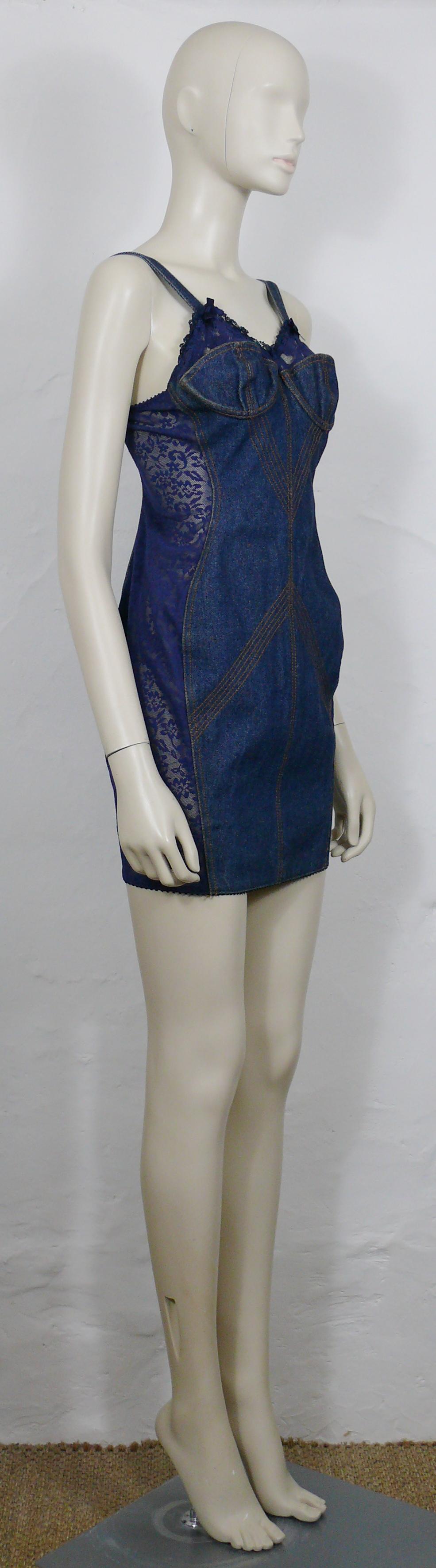 Women's JEAN PAUL GAULTIER JUNIOR Vintage Blue Lace Sheer Panel Bra Mini Denim Dress For Sale