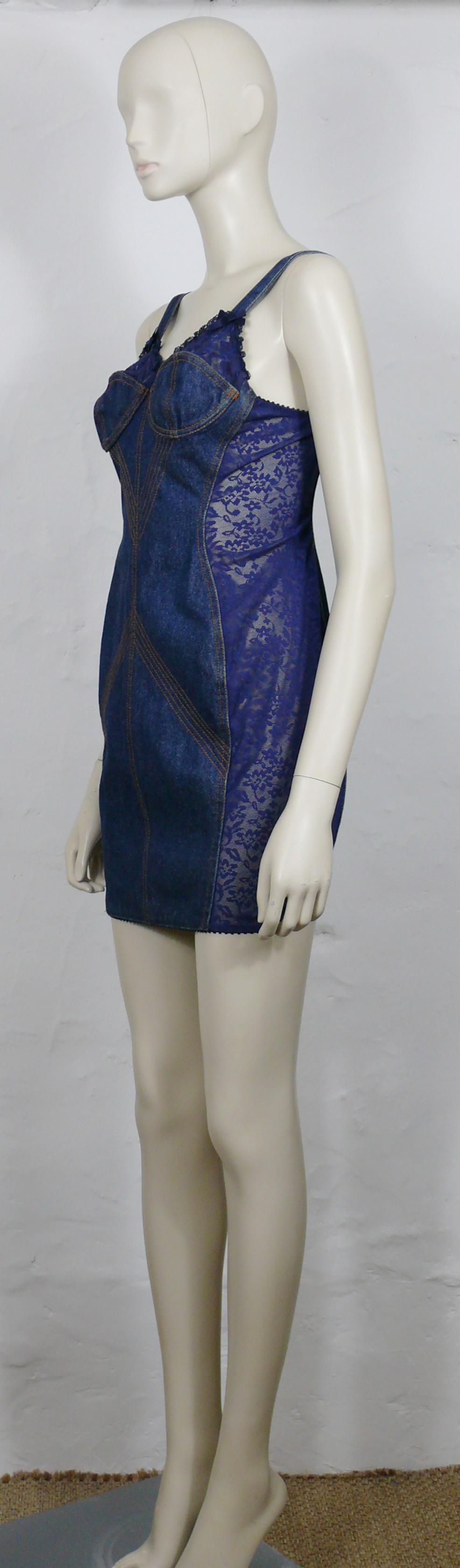 JEAN PAUL GAULTIER JUNIOR Vintage Blue Lace Sheer Panel Bra Mini Denim Dress For Sale 1