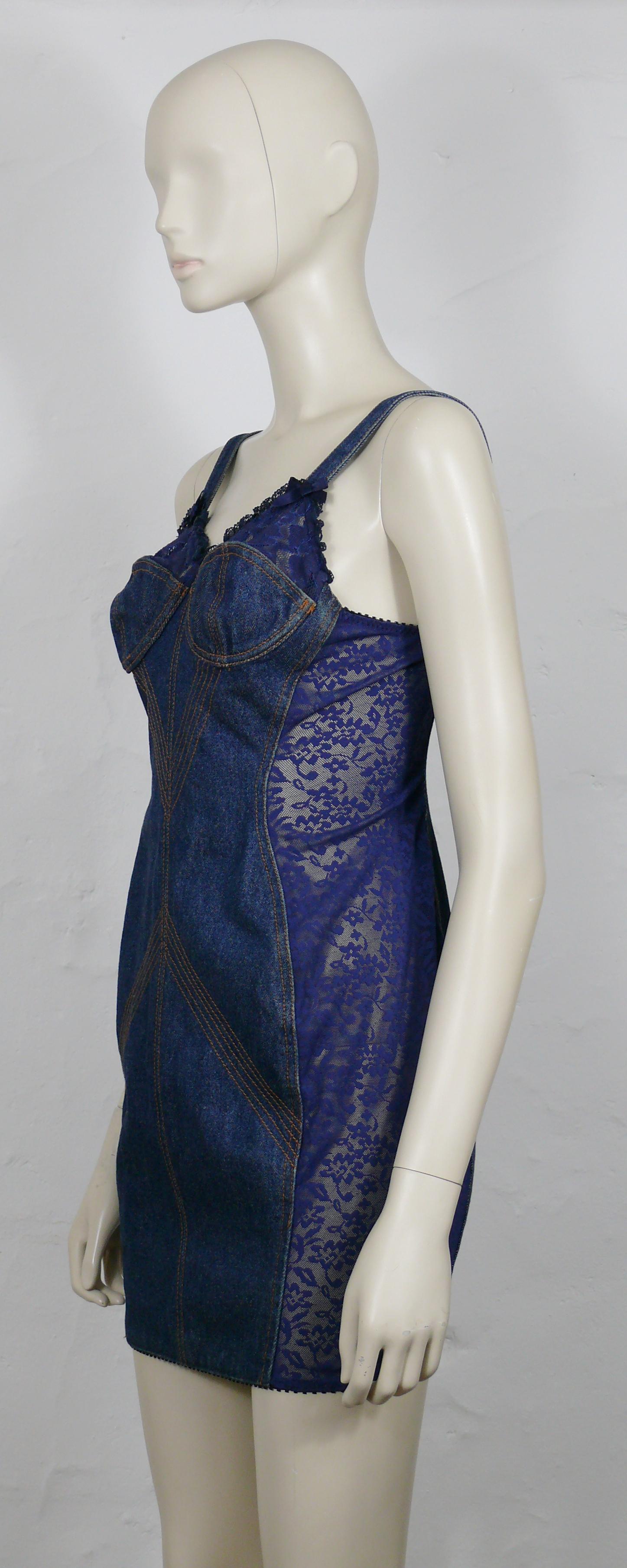 JEAN PAUL GAULTIER JUNIOR Vintage Blue Lace Sheer Panel Bra Mini Denim Dress For Sale 2