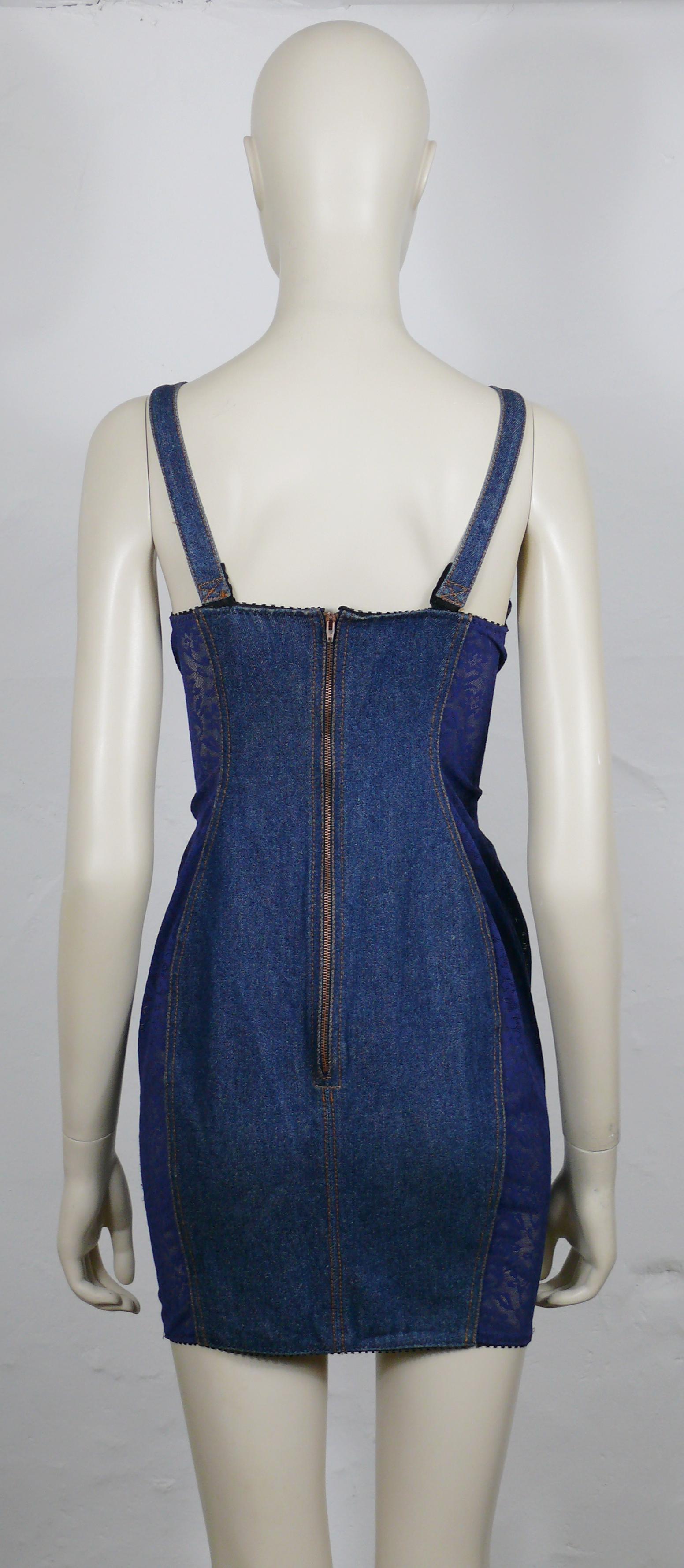 JEAN PAUL GAULTIER JUNIOR Vintage Blue Lace Sheer Panel Bra Mini Denim Dress For Sale 3