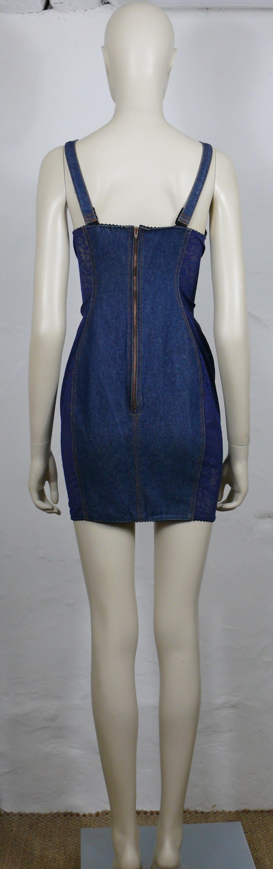 JEAN PAUL GAULTIER JUNIOR Vintage Blue Lace Sheer Panel Bra Mini Denim Dress For Sale 4