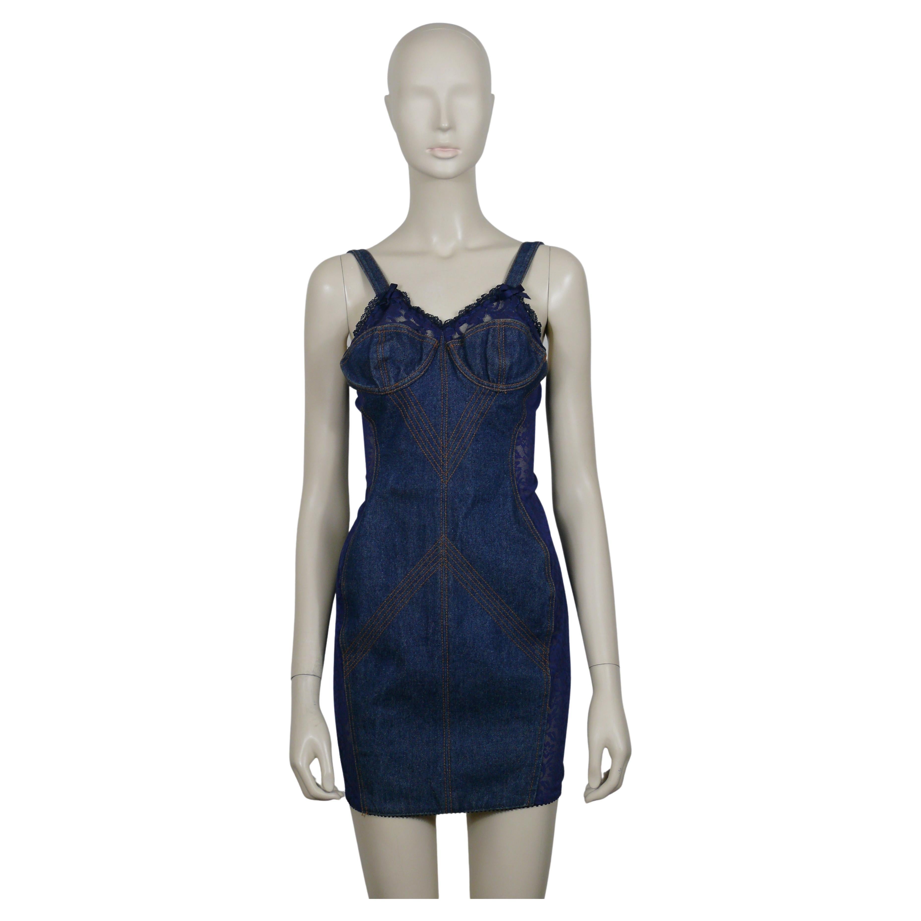 JEAN PAUL GAULTIER JUNIOR Vintage Blue Lace Sheer Panel Bra Mini Denim Dress For Sale